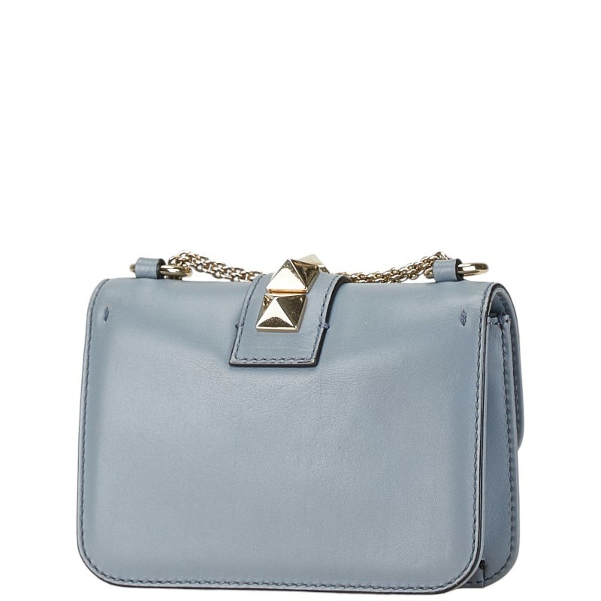 Valentino Rockstud Chain Shoulder Bag Light Blue Leather Women's