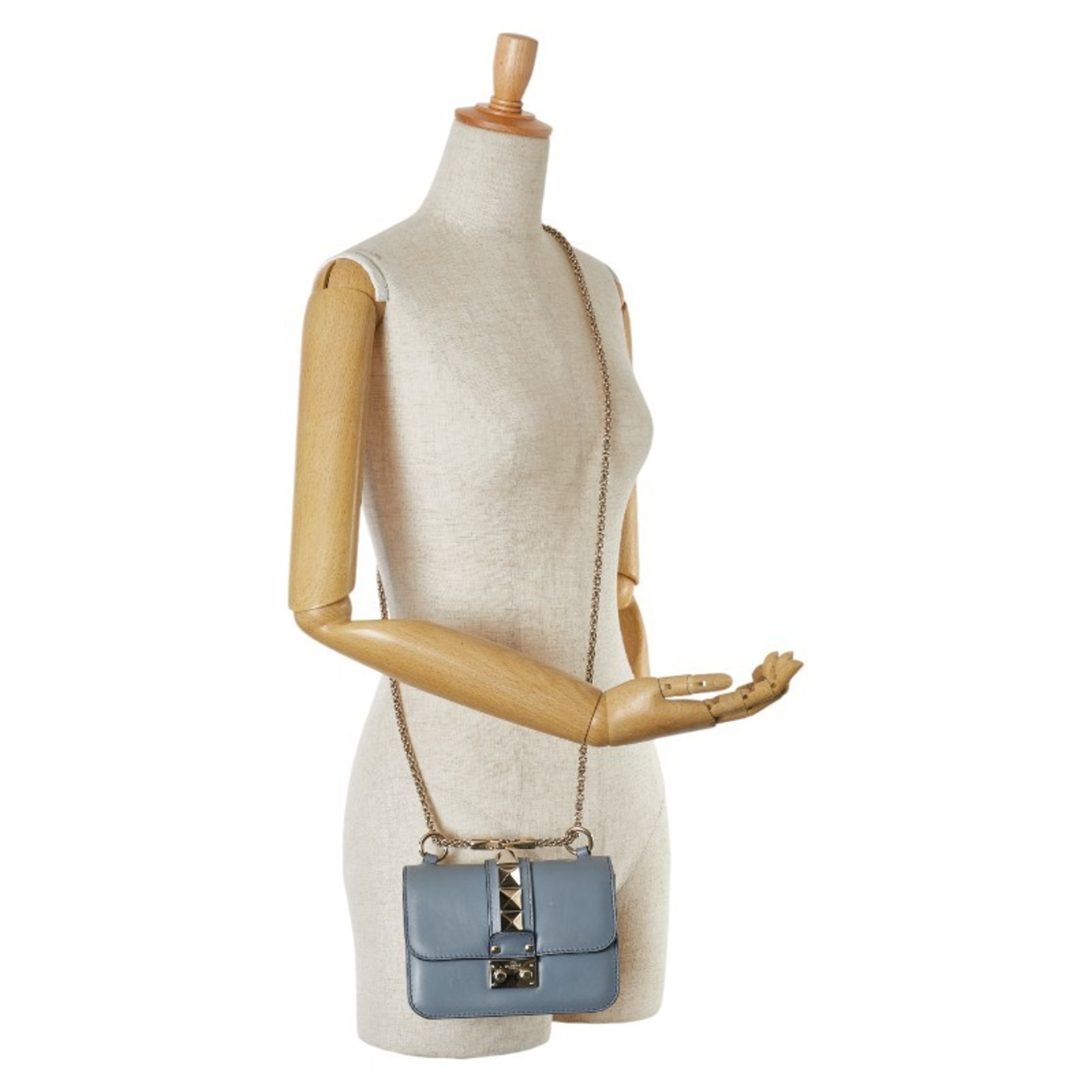 Valentino Rockstud Chain Shoulder Bag Light Blue Leather Women's