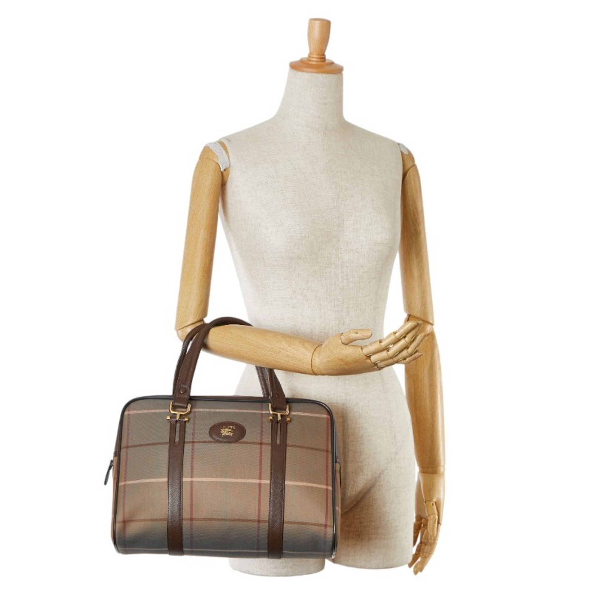 Burberry Check Shadow Horse Handbag Tote Bag Beige Brown Canvas Leather Women's BURBERRY