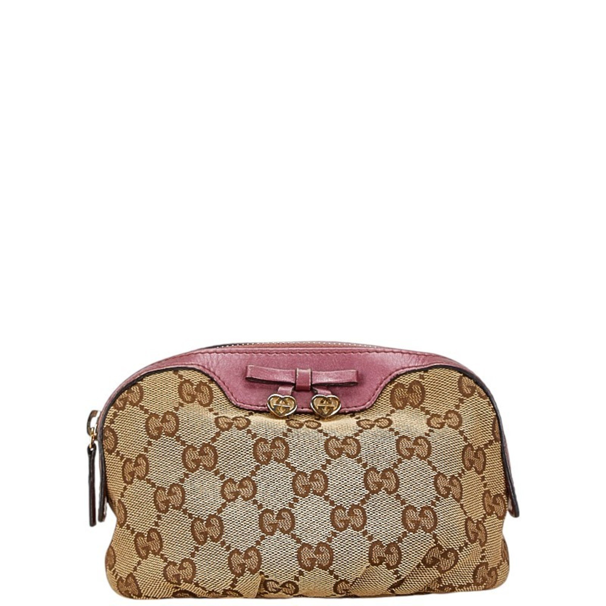 Gucci GG Canvas Ribbon Heart Motif Pouch 308729 Beige Pink Leather Women's GUCCI