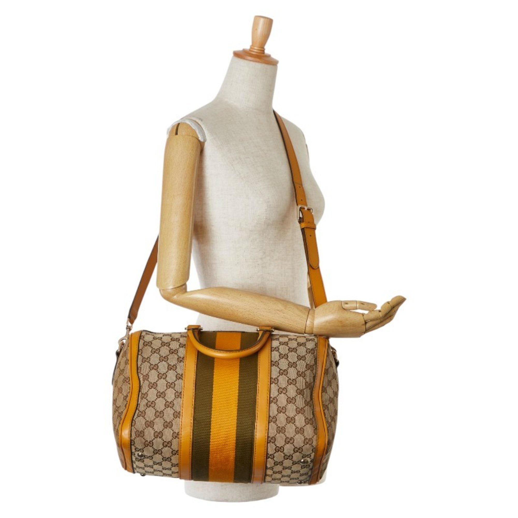 Gucci GG Canvas Sherry Line Boston Bag Shoulder 247205 Beige Yellow Leather Women's GUCCI