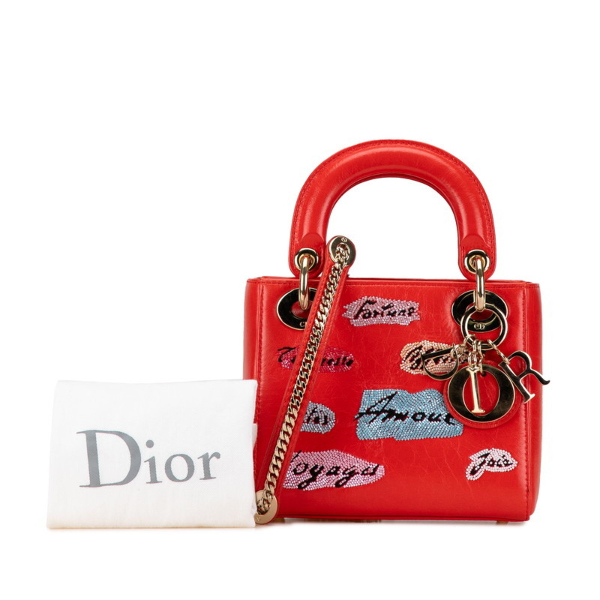 Christian Dior Dior Lady 2016 Sequin Satchel Bag Handbag Shoulder Orange Leather Women's