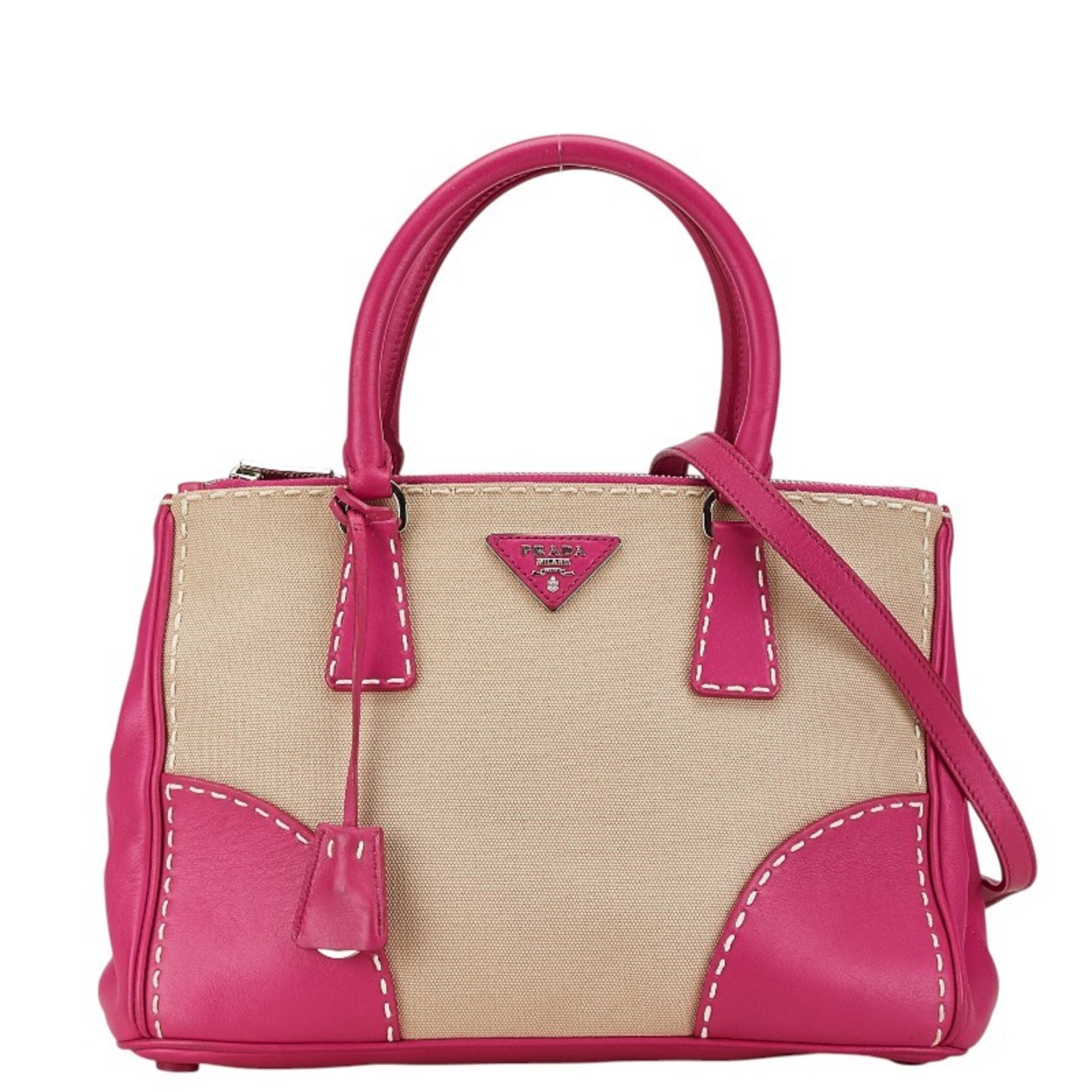 Prada Triangle Plate Canapa City Handbag Shoulder Bag B1801K Pink Beige Leather Canvas Women's PRADA