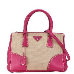 Prada Triangle Plate Canapa City Handbag Shoulder Bag B1801K Pink Beige Leather Canvas Women's PRADA