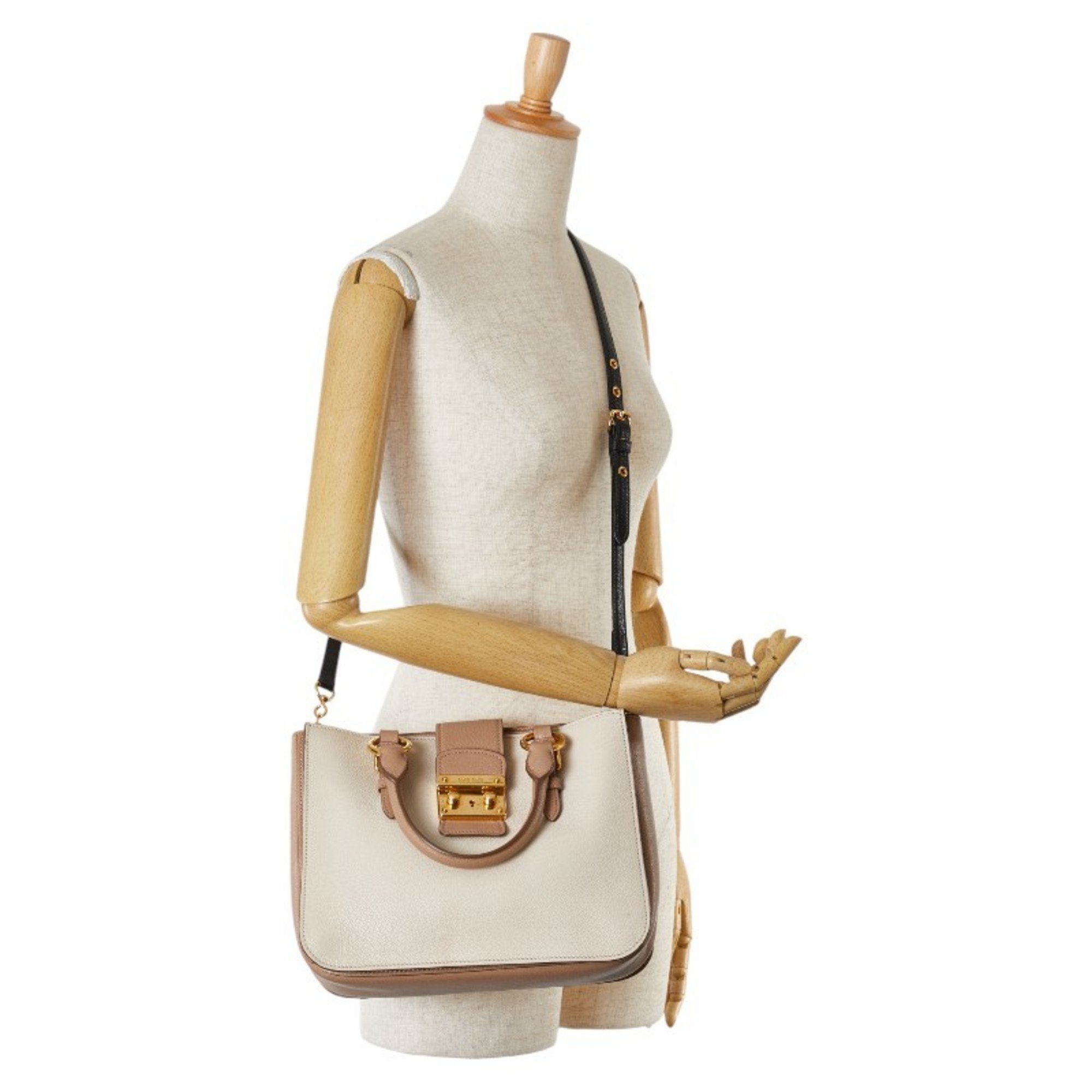 Miu Miu Miu Madras Handbag Shoulder Bag RN799C Beige Leather Women's