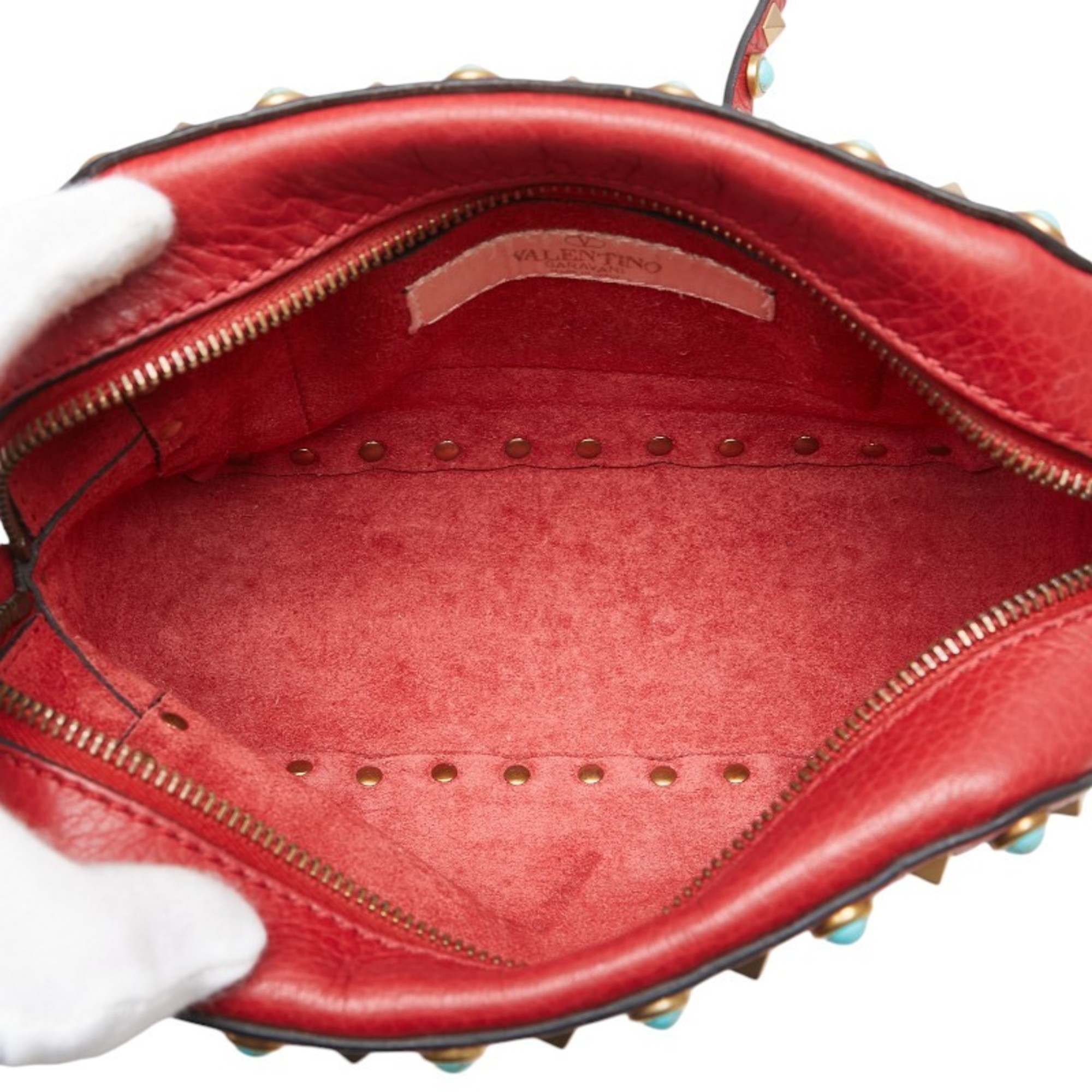 Valentino Studded Shoulder Bag Red Leather Women's