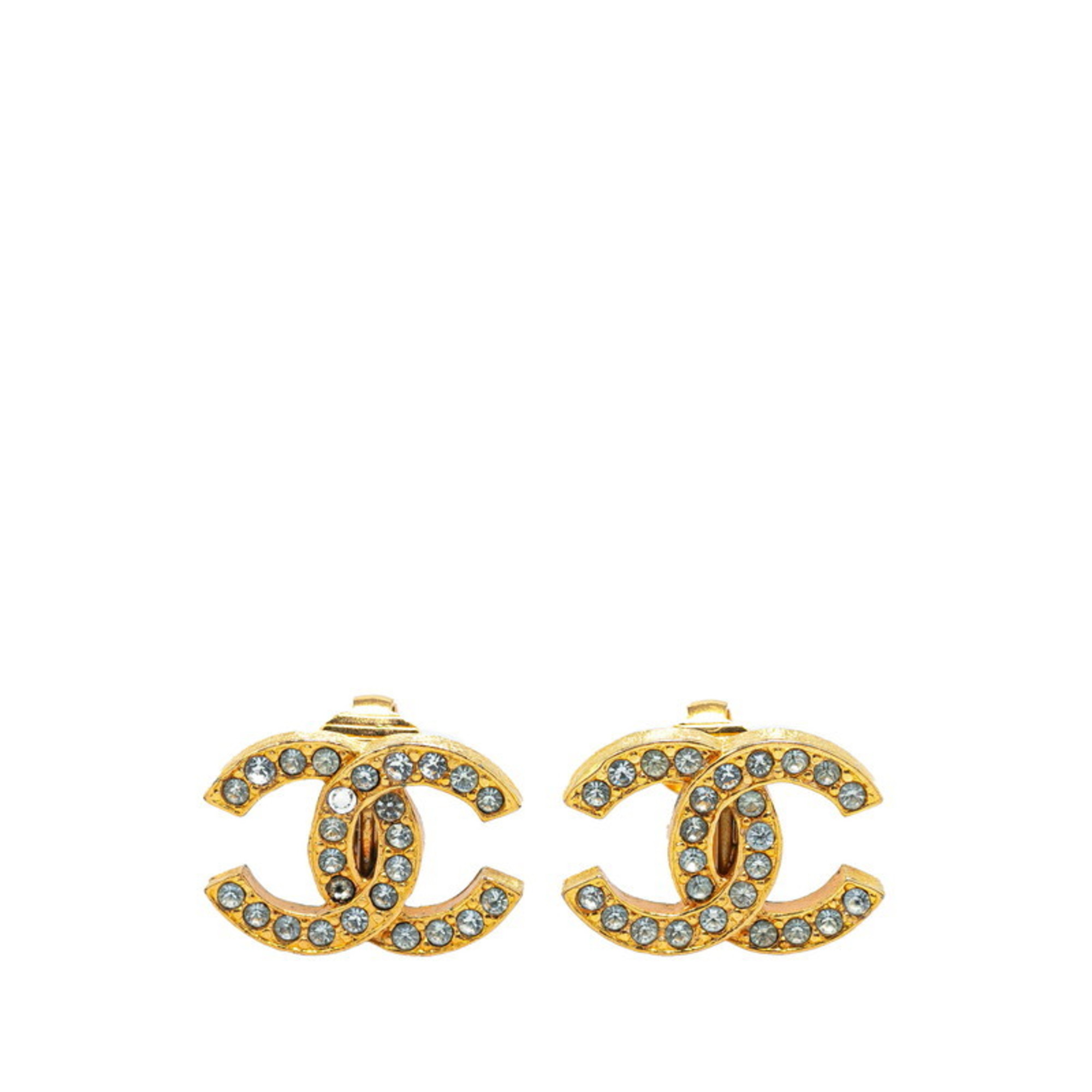 Chanel Coco Mark Rhinestone Earrings Gold Plated Women's CHANEL