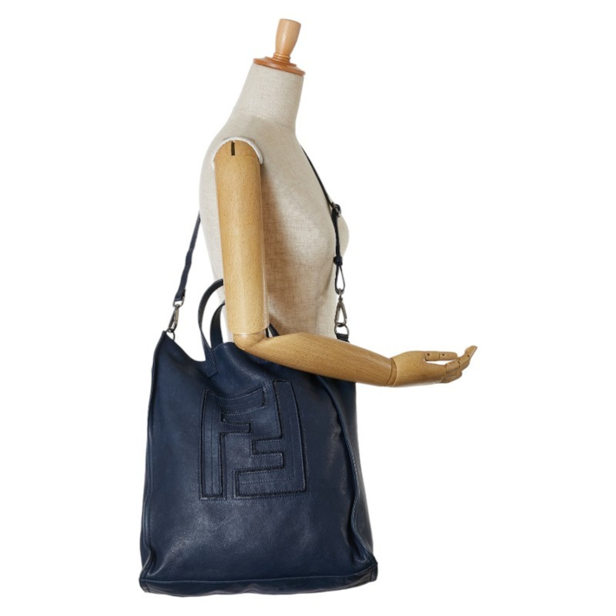 FENDI FF Tote Bag Shoulder 7VA245 Navy Leather Women's