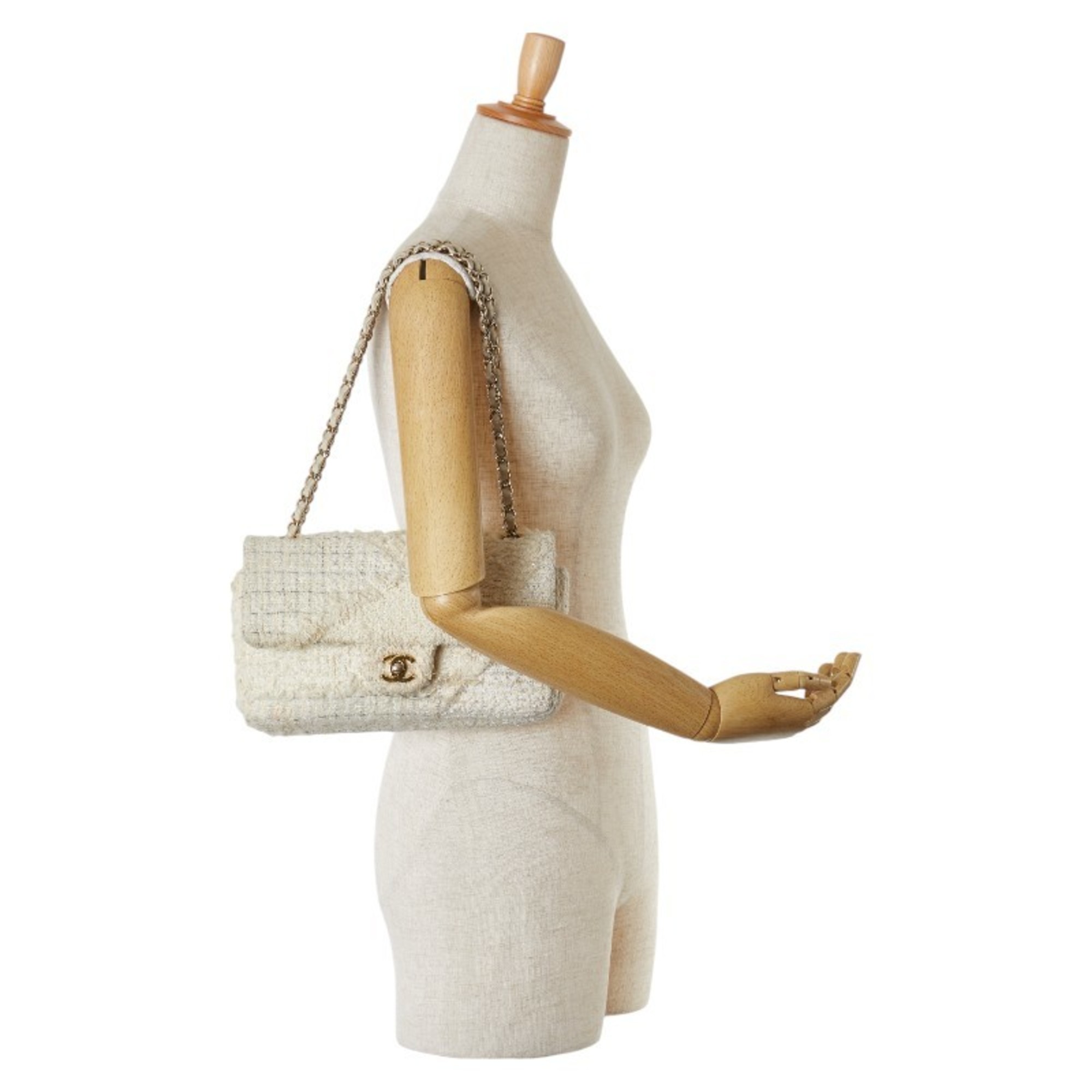 Chanel Matelasse 25 Coco Mark Double Flap Chain Shoulder Bag Handbag Beige Ivory Tweed Leather Women's CHANEL