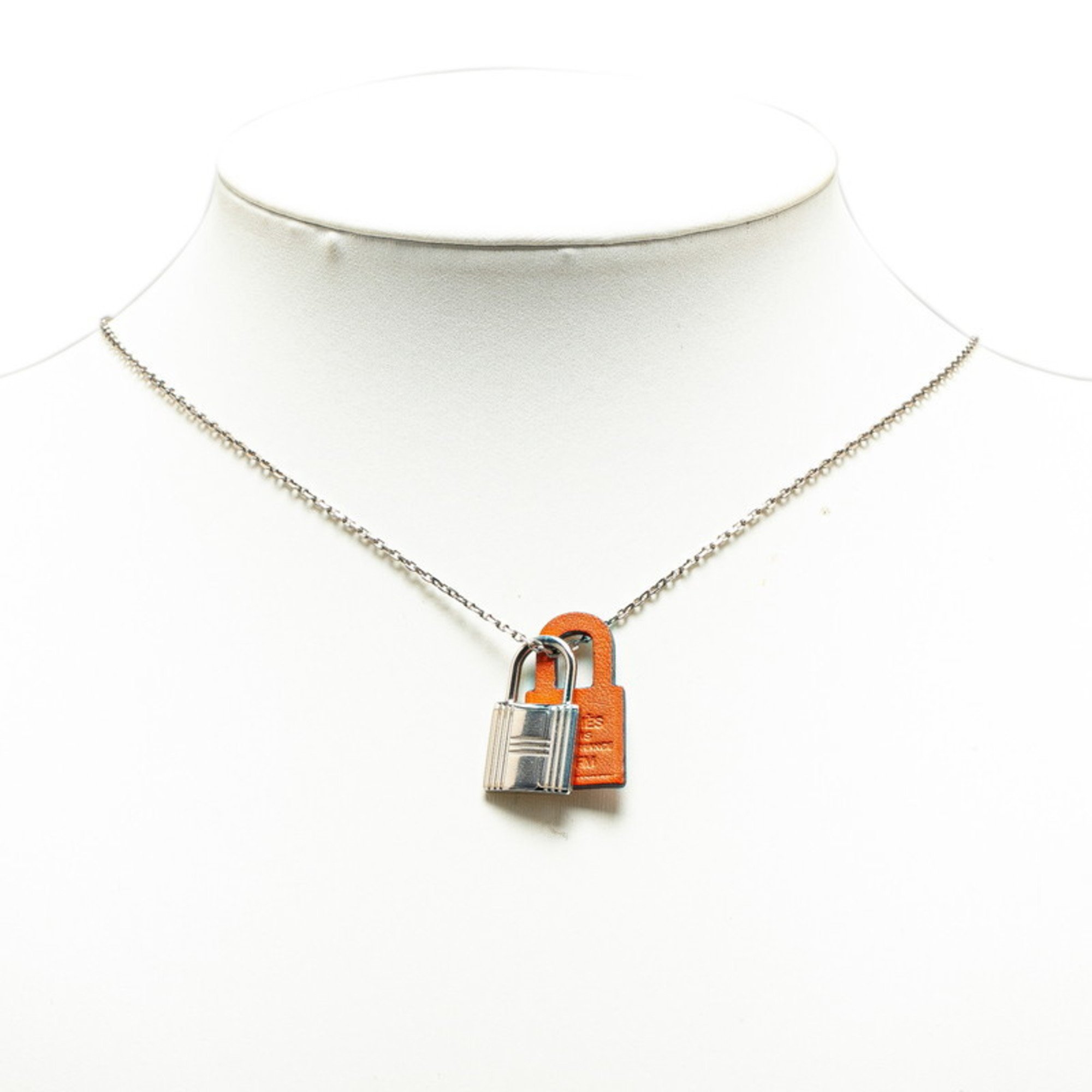 Hermes O'Kelly PM Padlock Motif Necklace Silver Orange Metal Swift Women's HERMES