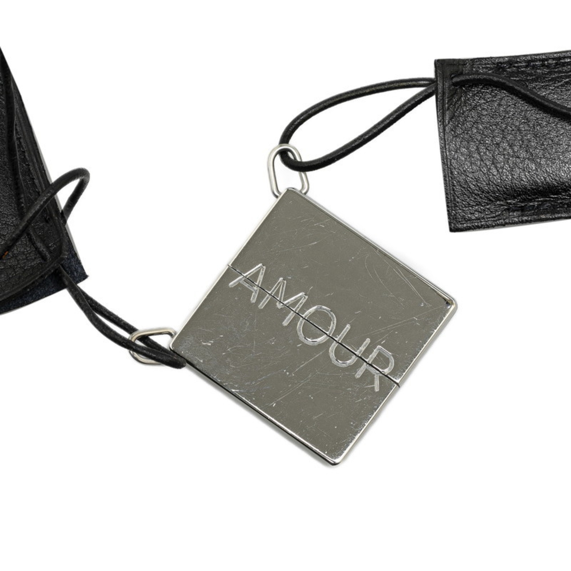 HERMES AMOURS Amore Plate Necklace Silver Black Metal Leather Women's