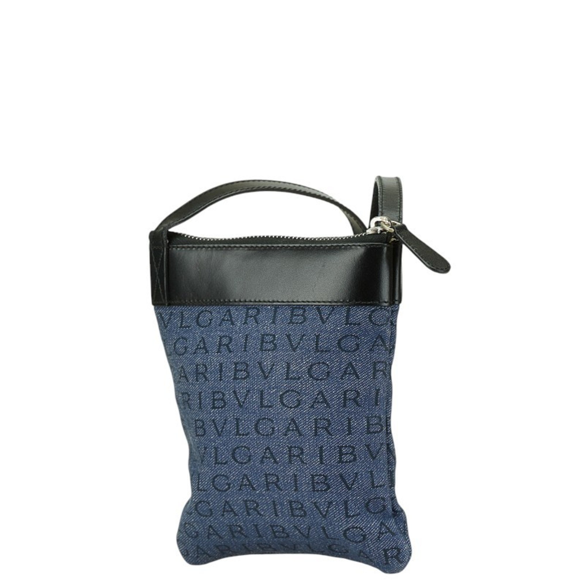 BVLGARI Mania Shoulder Bag Blue Denim Leather Women's