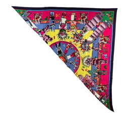 Hermes Carre Triangle KACHINAS Kachina Indian guardian deity ethnic scarf muffler navy pink multicolor silk women's HERMES