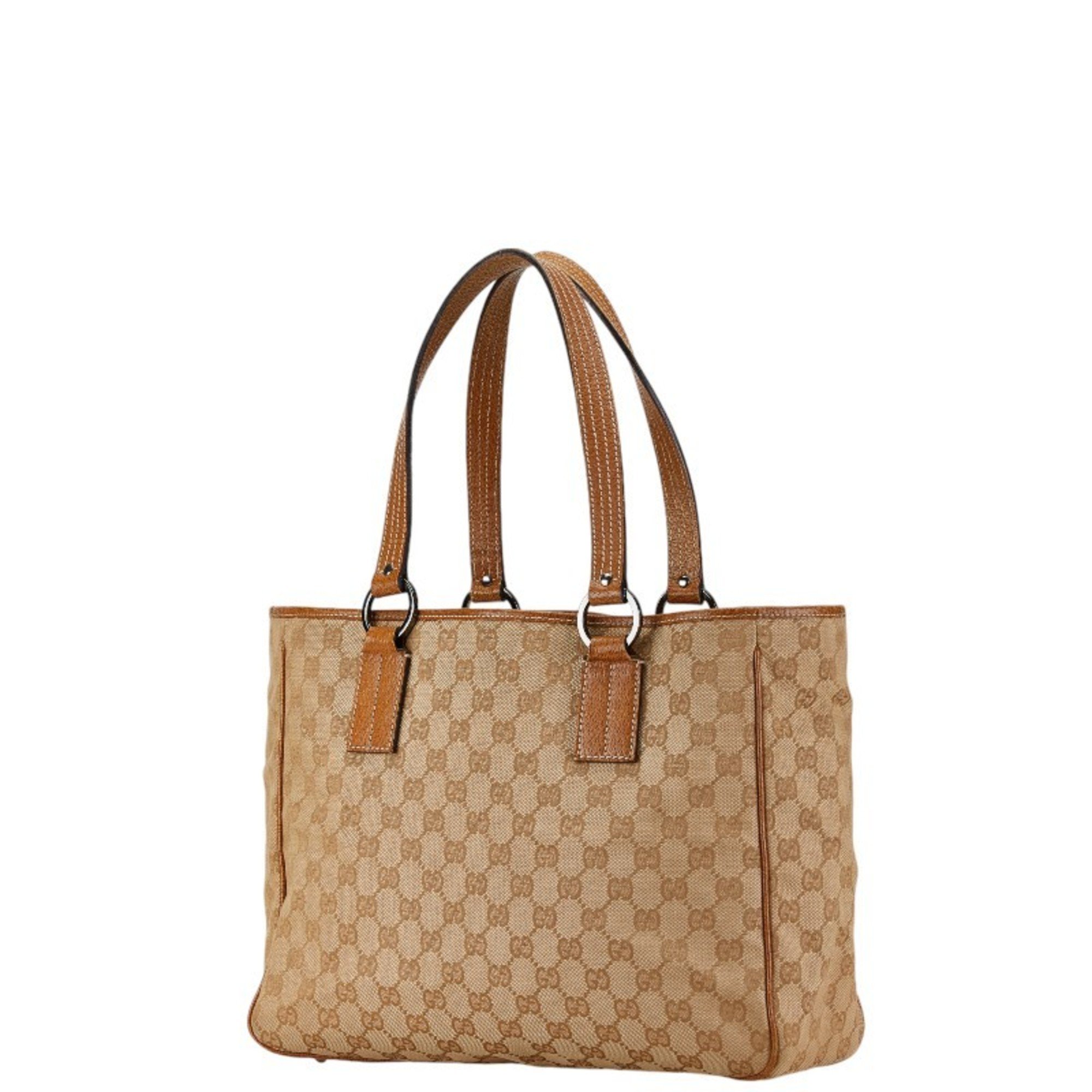 Gucci GG Canvas Handbag Tote Bag 113017 Light Brown Leather Women's GUCCI