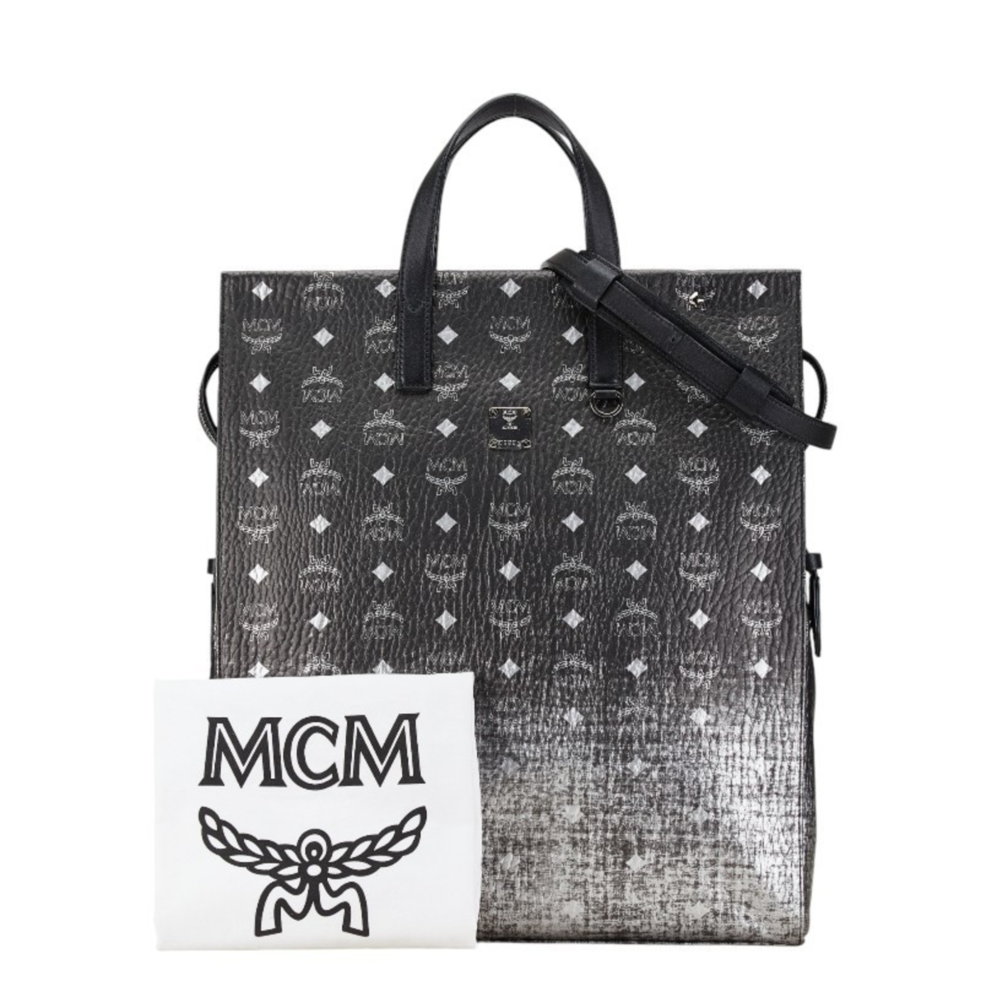 MCM Visetos Glam Gradient Tote Bag Shoulder Black Silver PVC Leather Women's