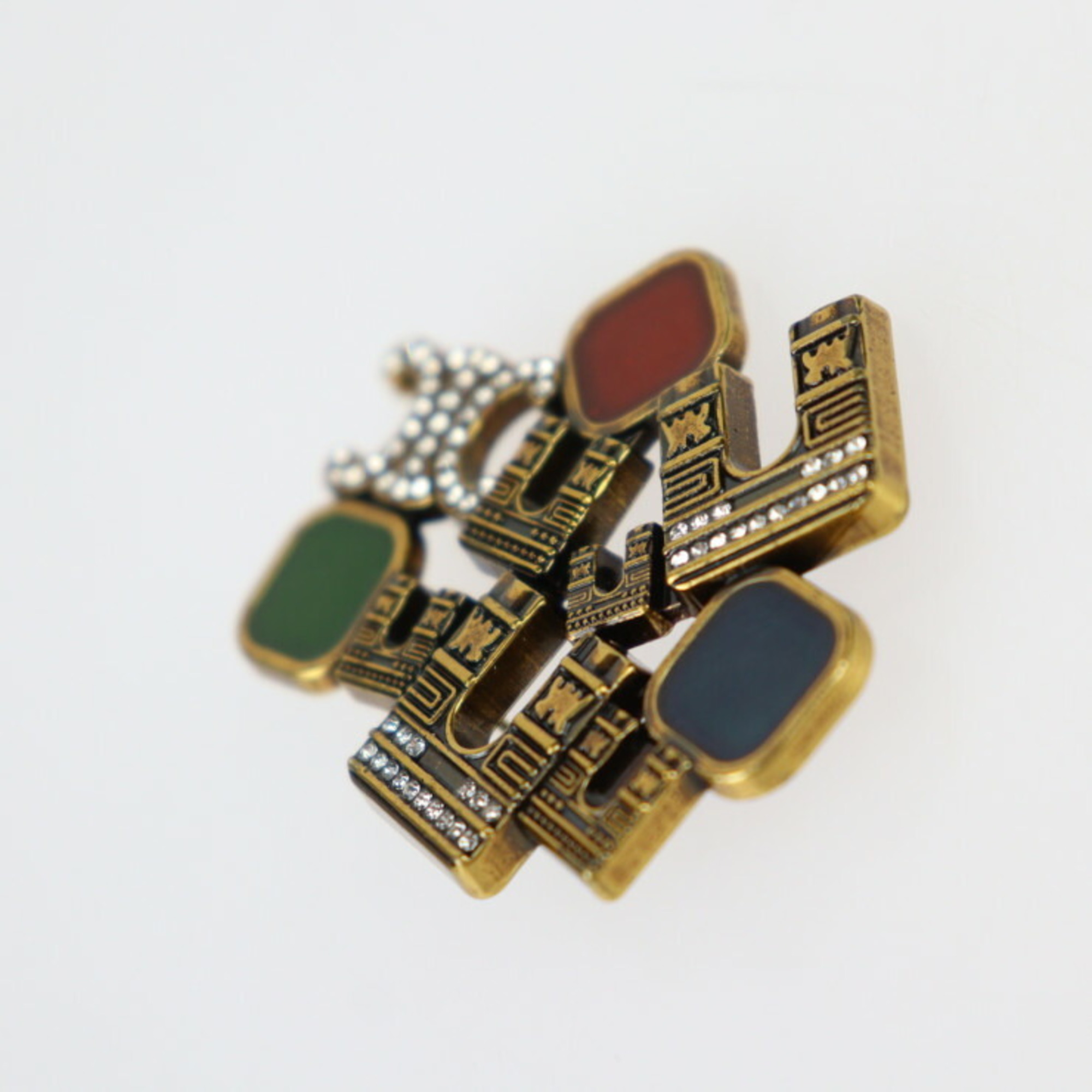 CELINE Celine Pin Brooch - Metal Rhinestone Gold Red Green Blue Arc de Triomphe Motif