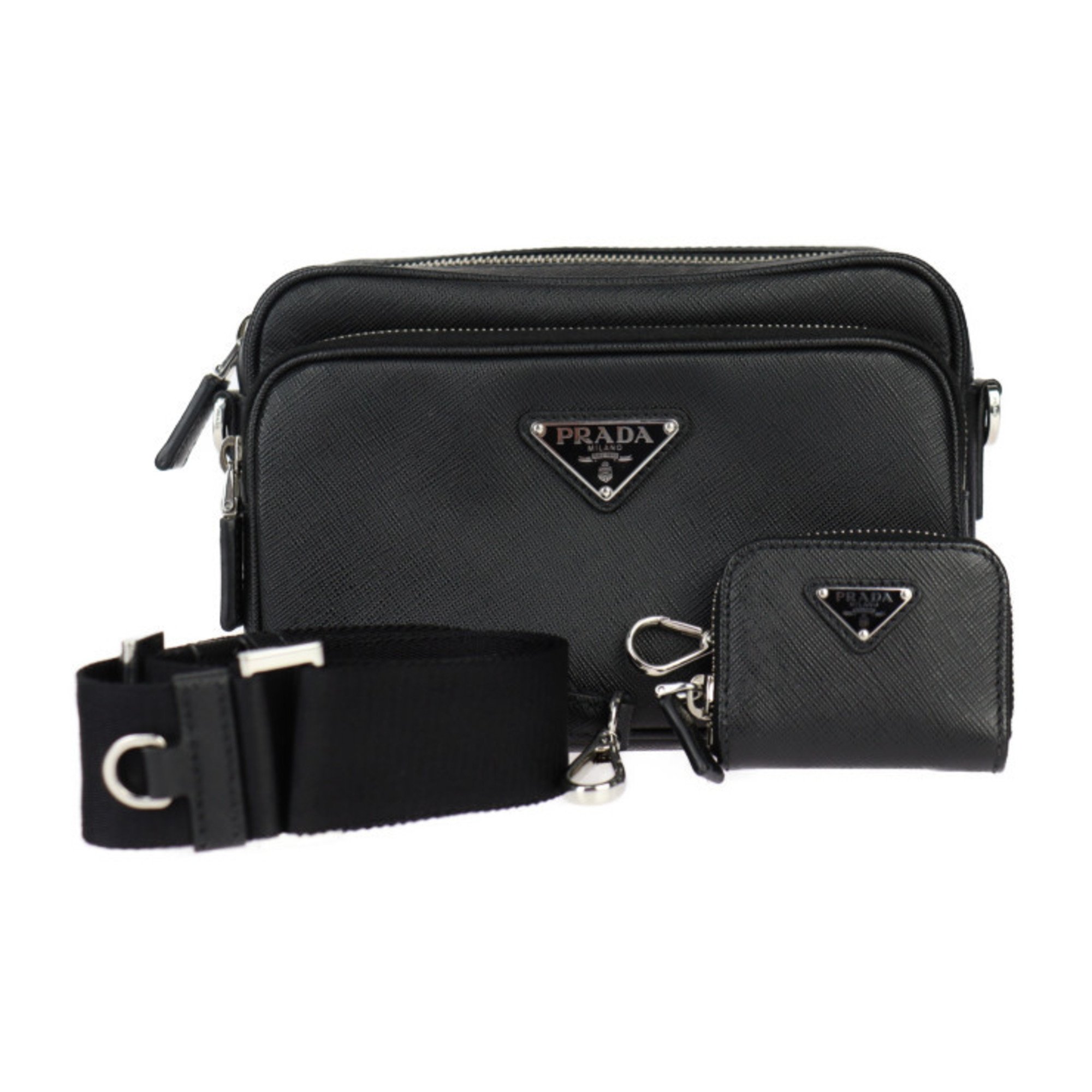 PRADA Prada Crossbody Bag Shoulder 2VH170 SAFFIANO TRAVEL Leather Black Triangle Plate Coin Included