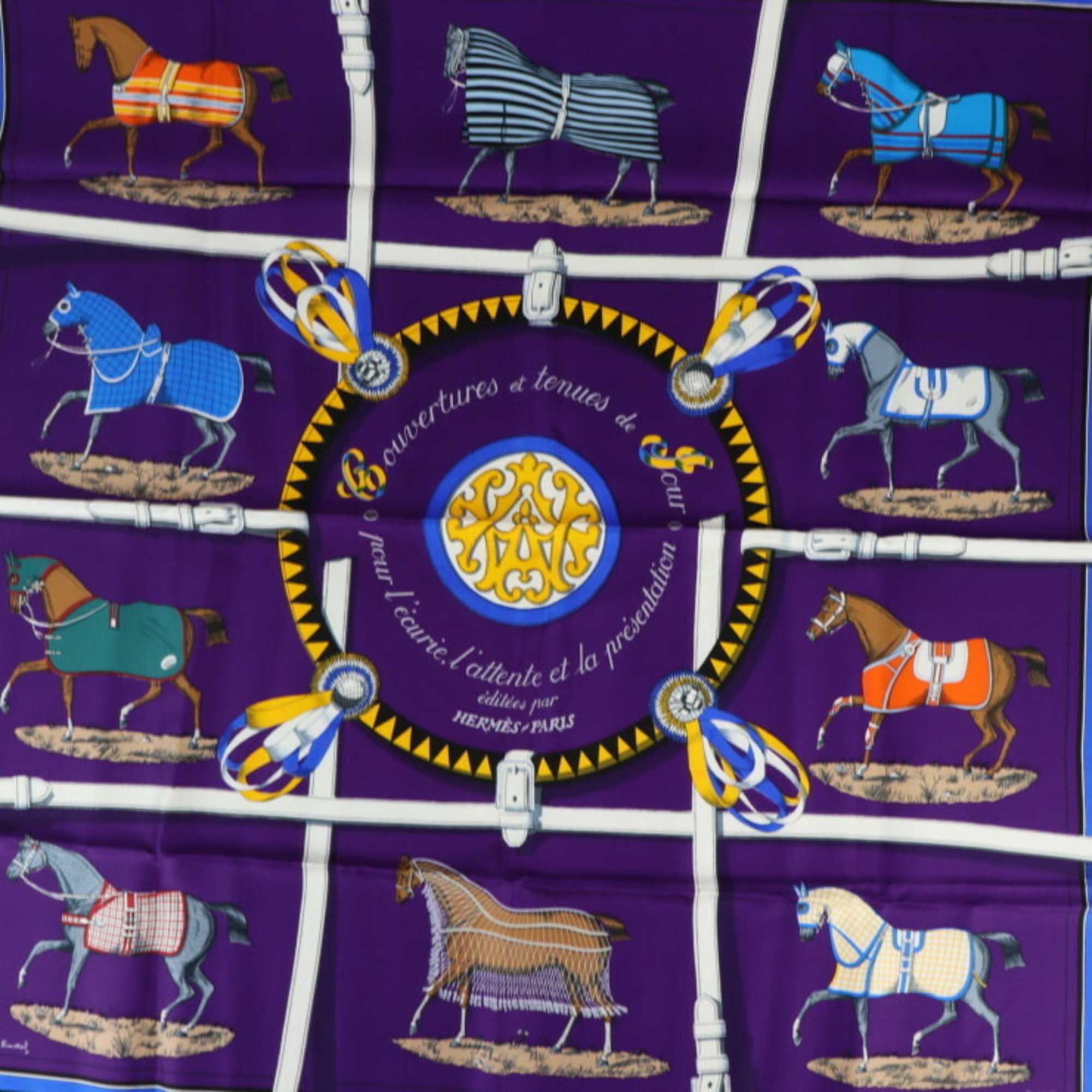 HERMES Editees Par Racehorse Carre 90 Scarf - 100% Silk Purple Multicolor