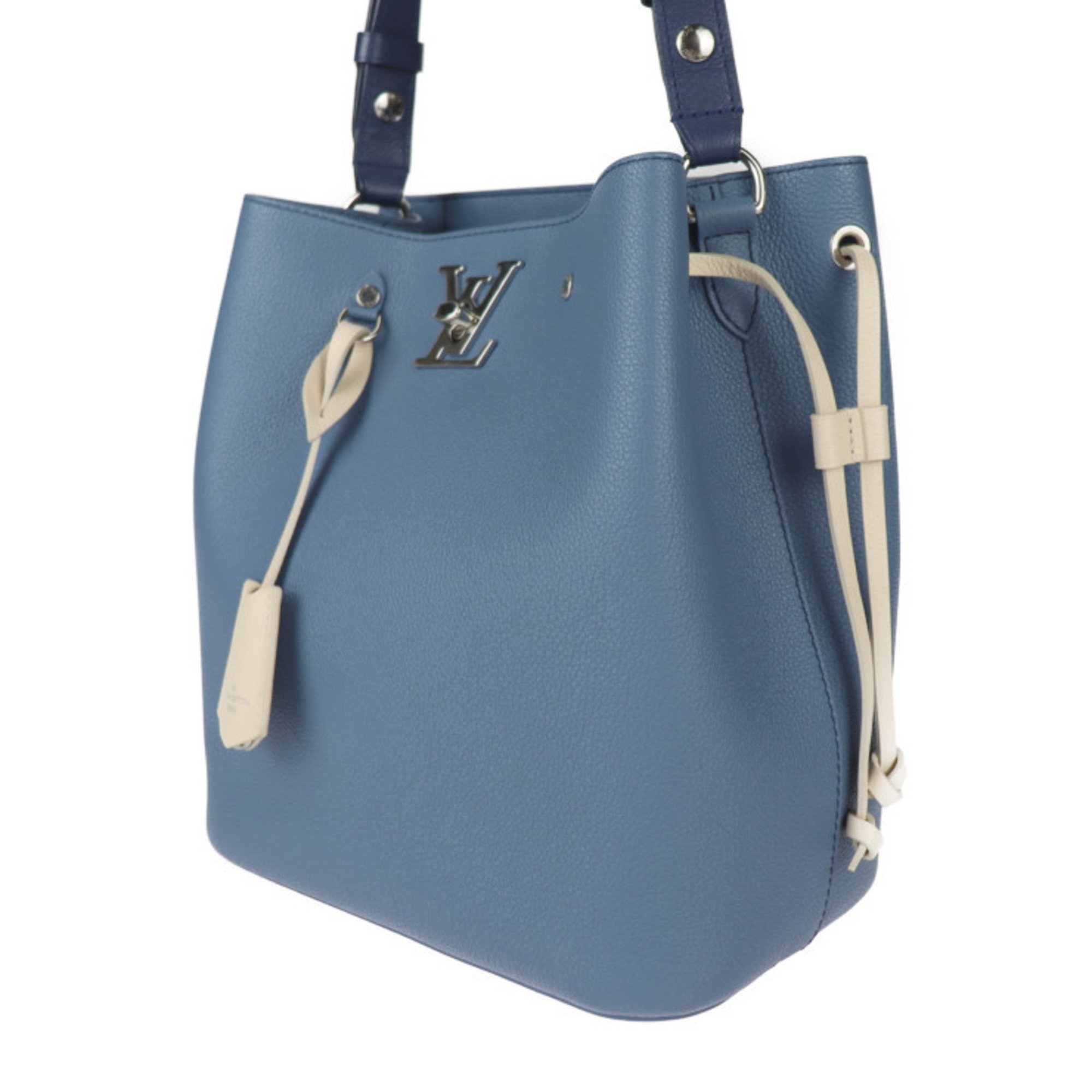 LOUIS VUITTON Louis Vuitton Lock Me Bucket Handbag M51413 Taurillon Leather Blue Jean Shoulder Bag Turn