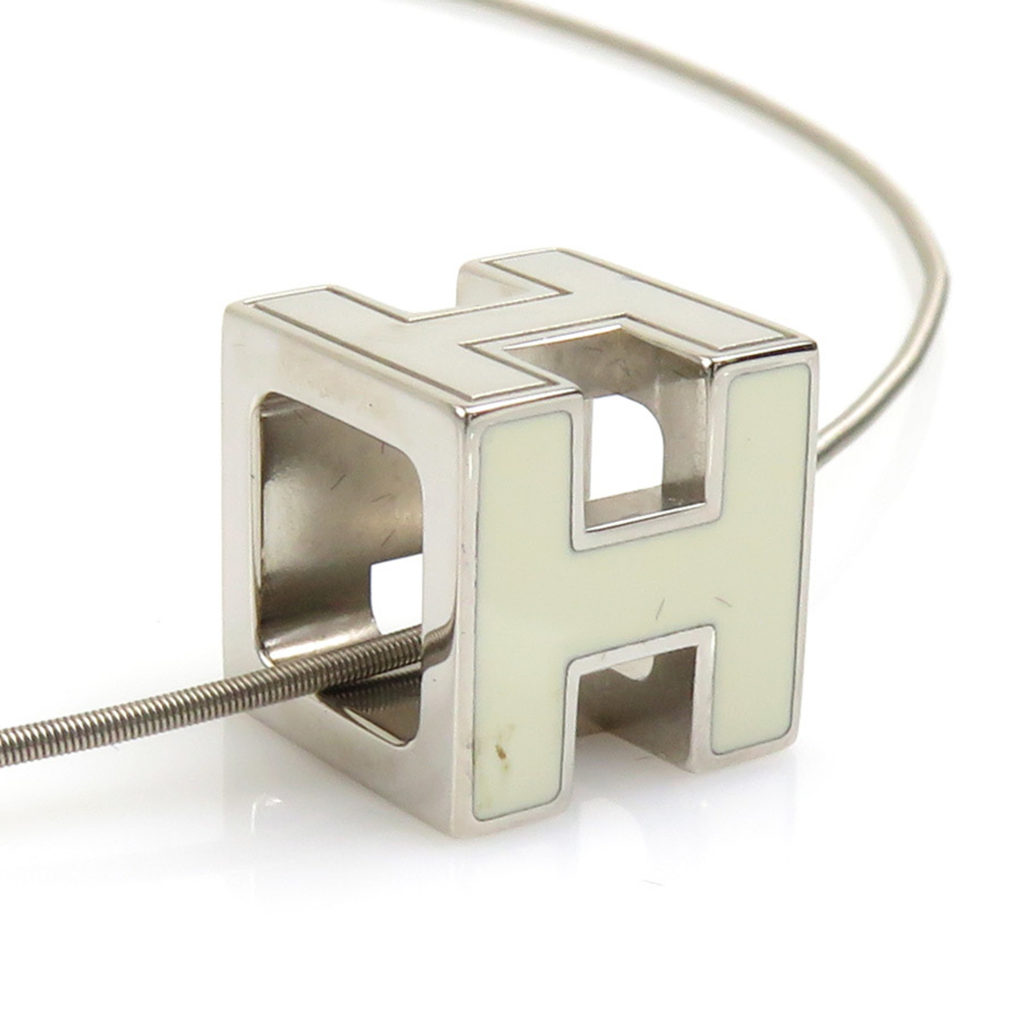 Hermes HERMES Necklace H Cube Cage d'Ash Metal Enamel Silver Off-White Women's e59487j