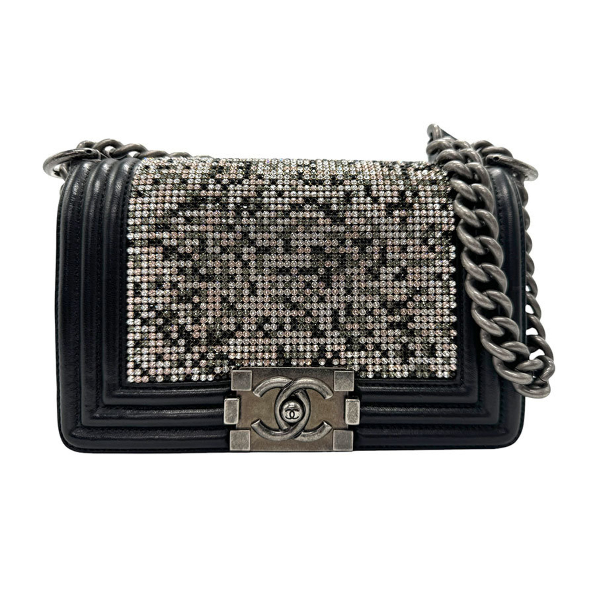 CHANEL Shoulder Bag Boy Chanel Leather Rhinestone Black Women's z2713