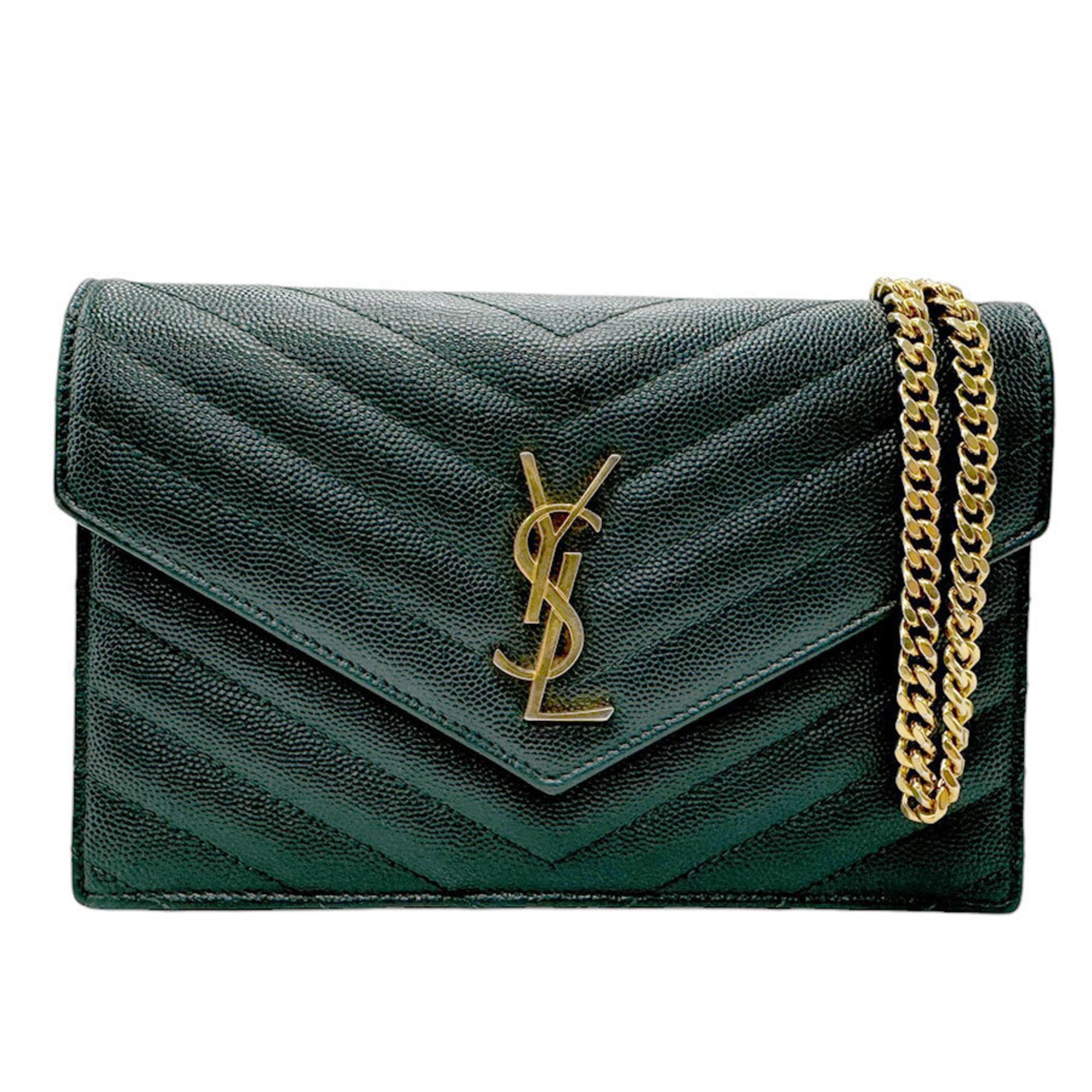 Saint Laurent wallet chain shoulder bag leather dark green gold women's z2741