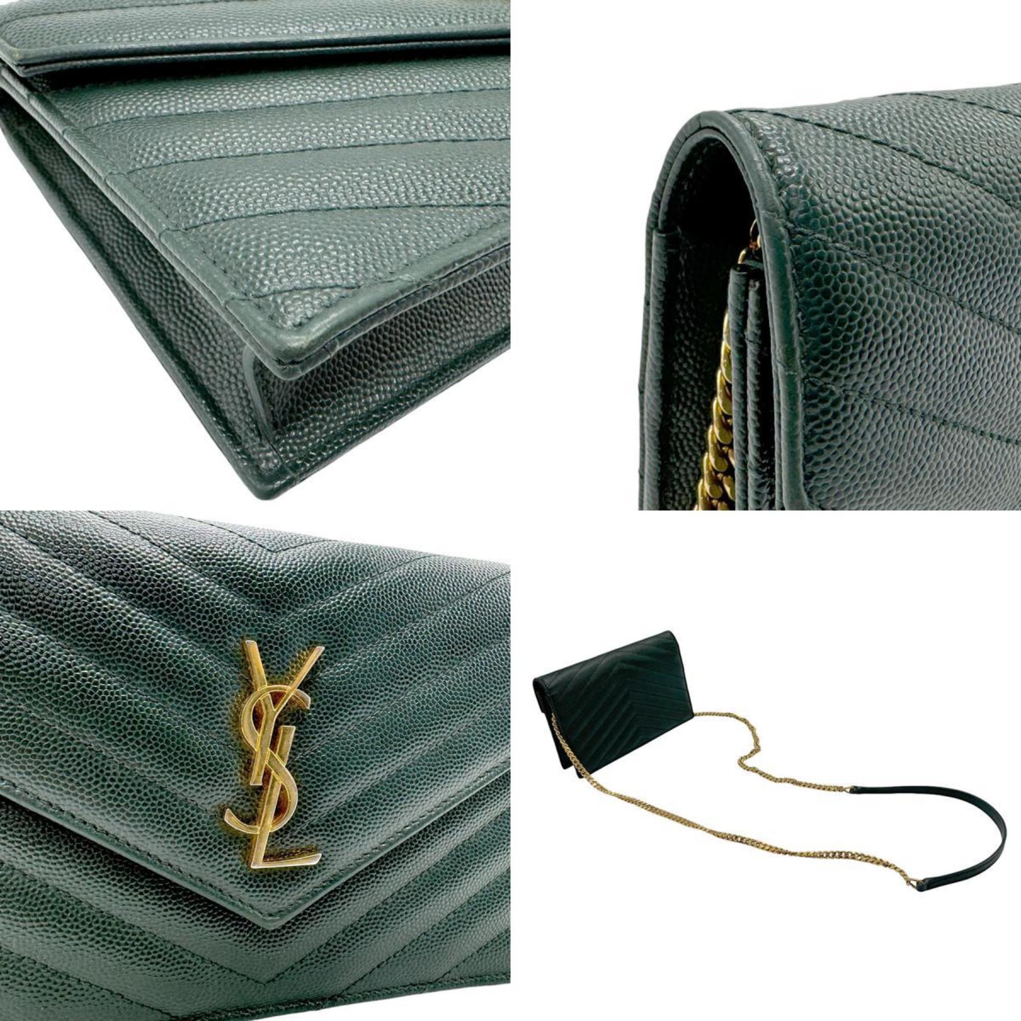 Saint Laurent wallet chain shoulder bag leather dark green gold women's z2741