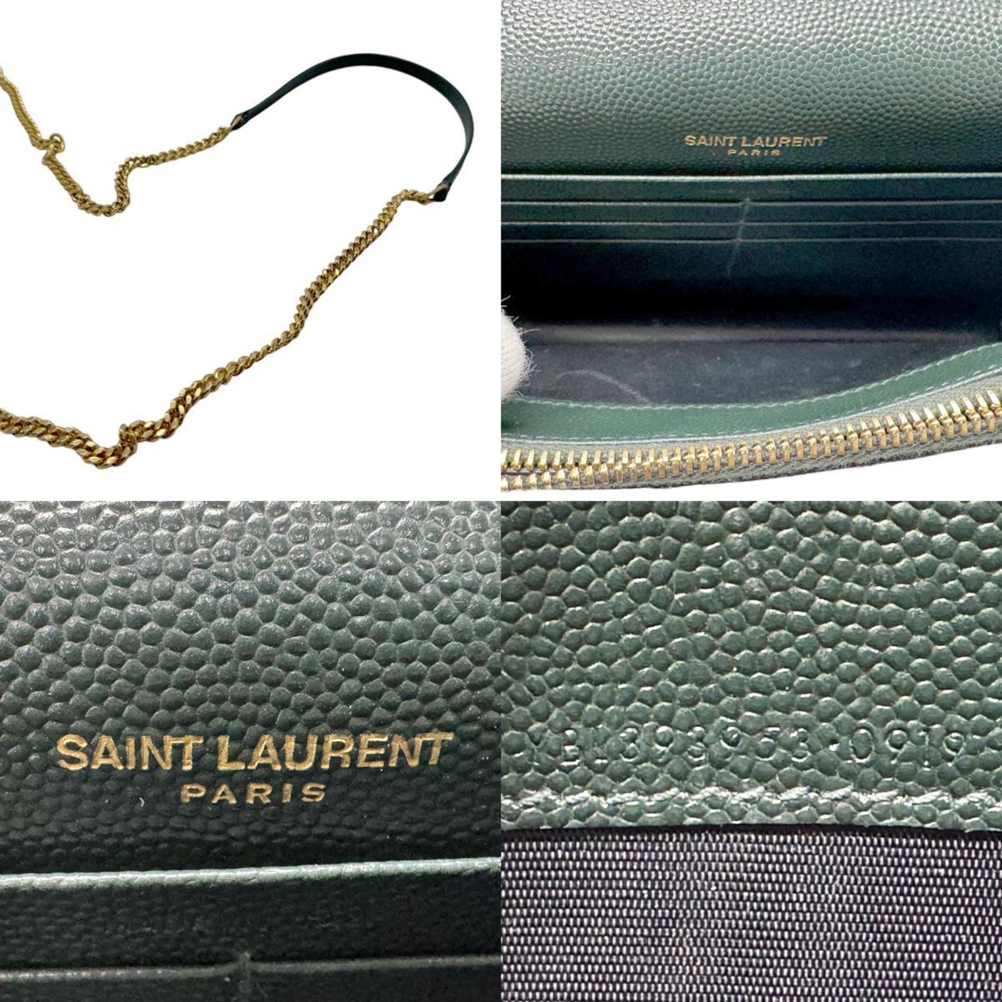 Saint Laurent wallet chain shoulder bag leather dark green gold women's z2741