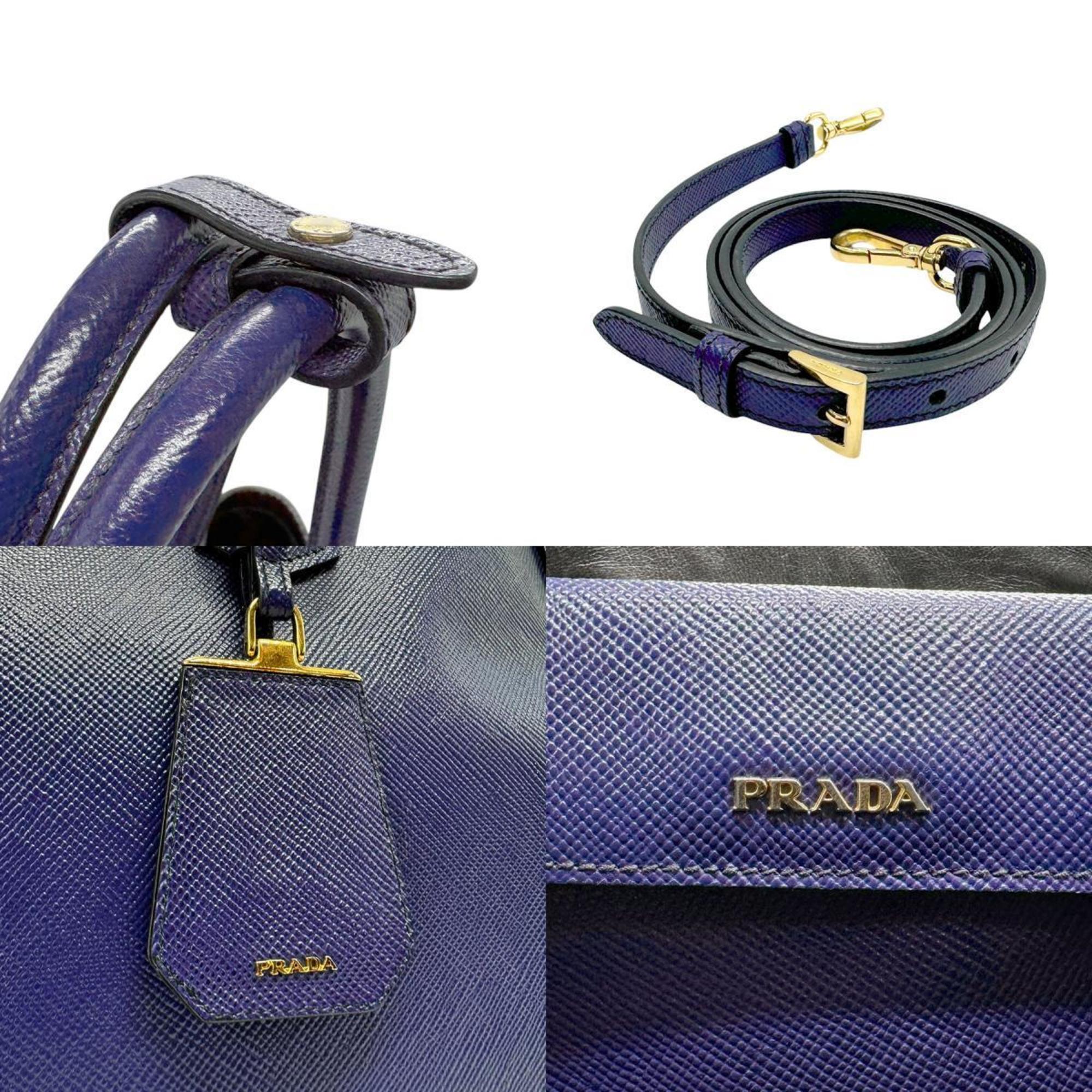 PRADA handbag shoulder bag leather dark blue gold women's z2670