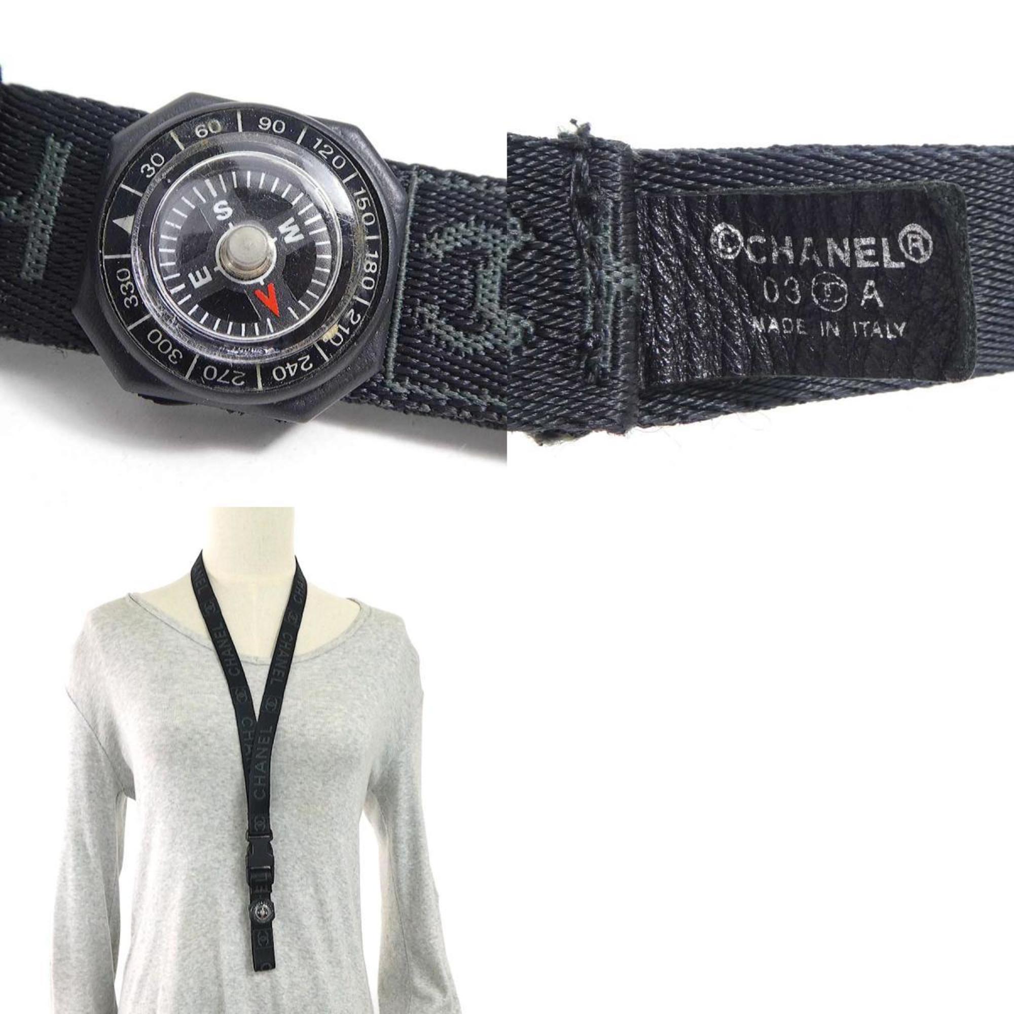 CHANEL Neck Strap Nylon Canvas Black Grey Women's e59464f