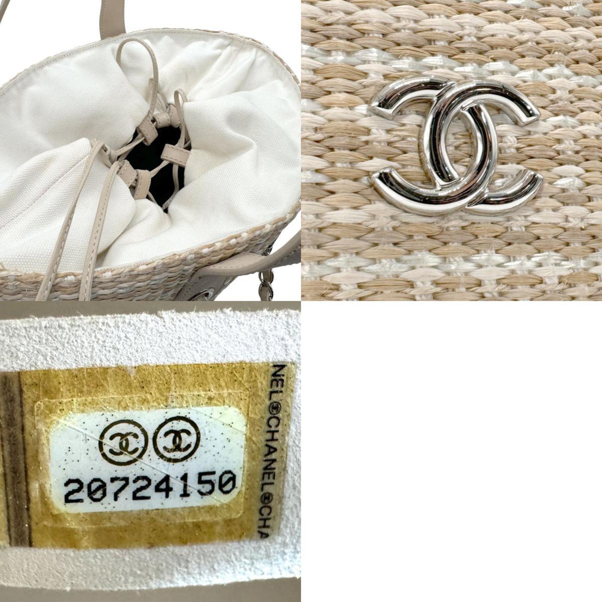 CHANEL handbag shoulder bag raffia leather light beige silver ladies n0674