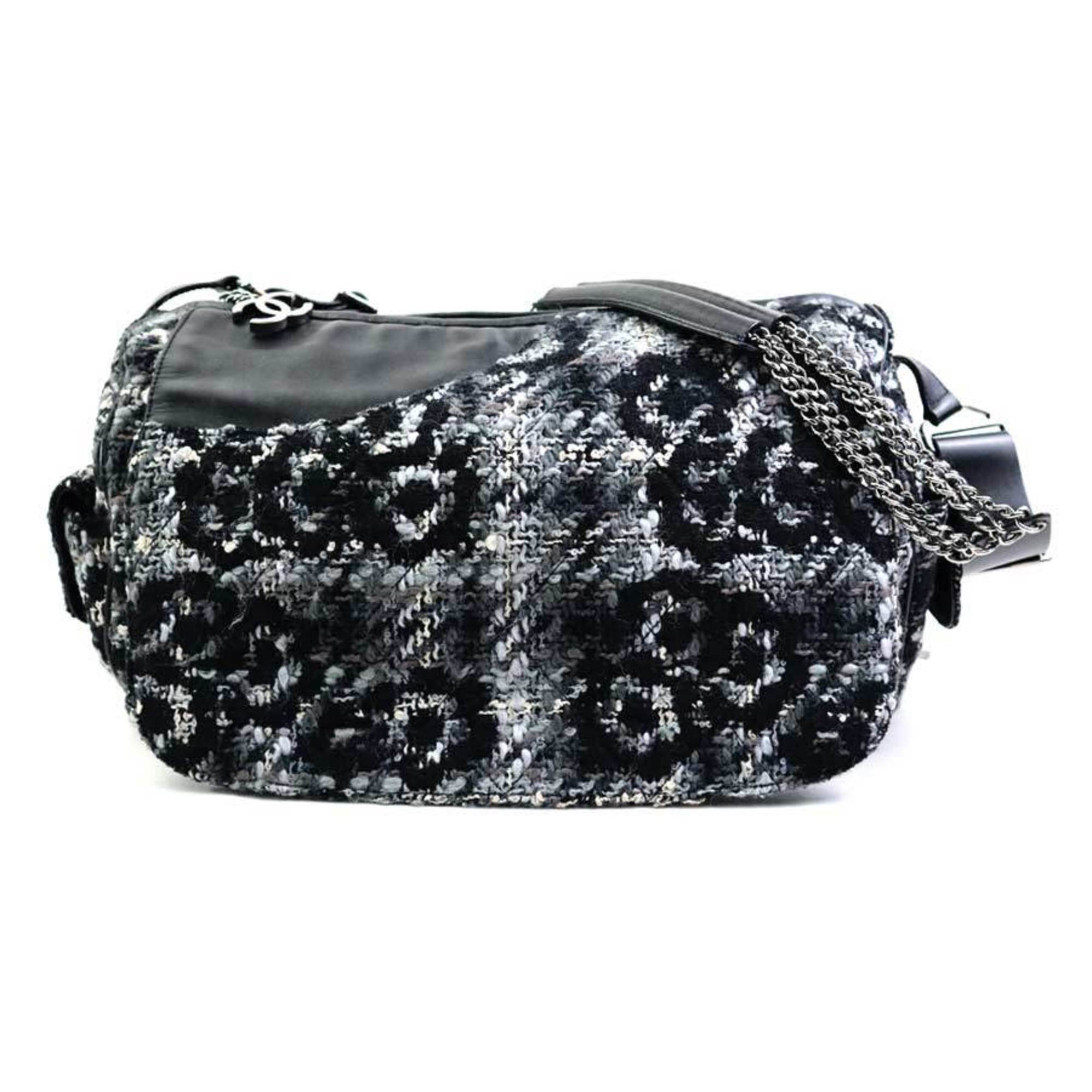 CHANEL shoulder bag camellia tweed grey black white ladies e59496g