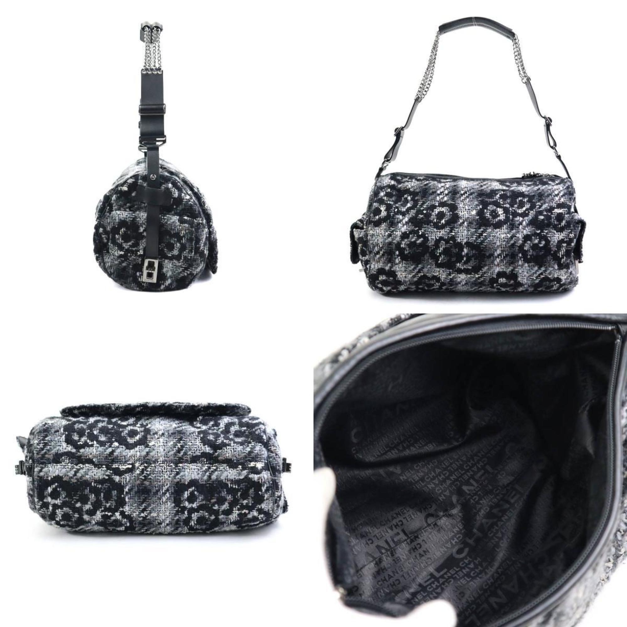 CHANEL shoulder bag camellia tweed grey black white ladies e59496g