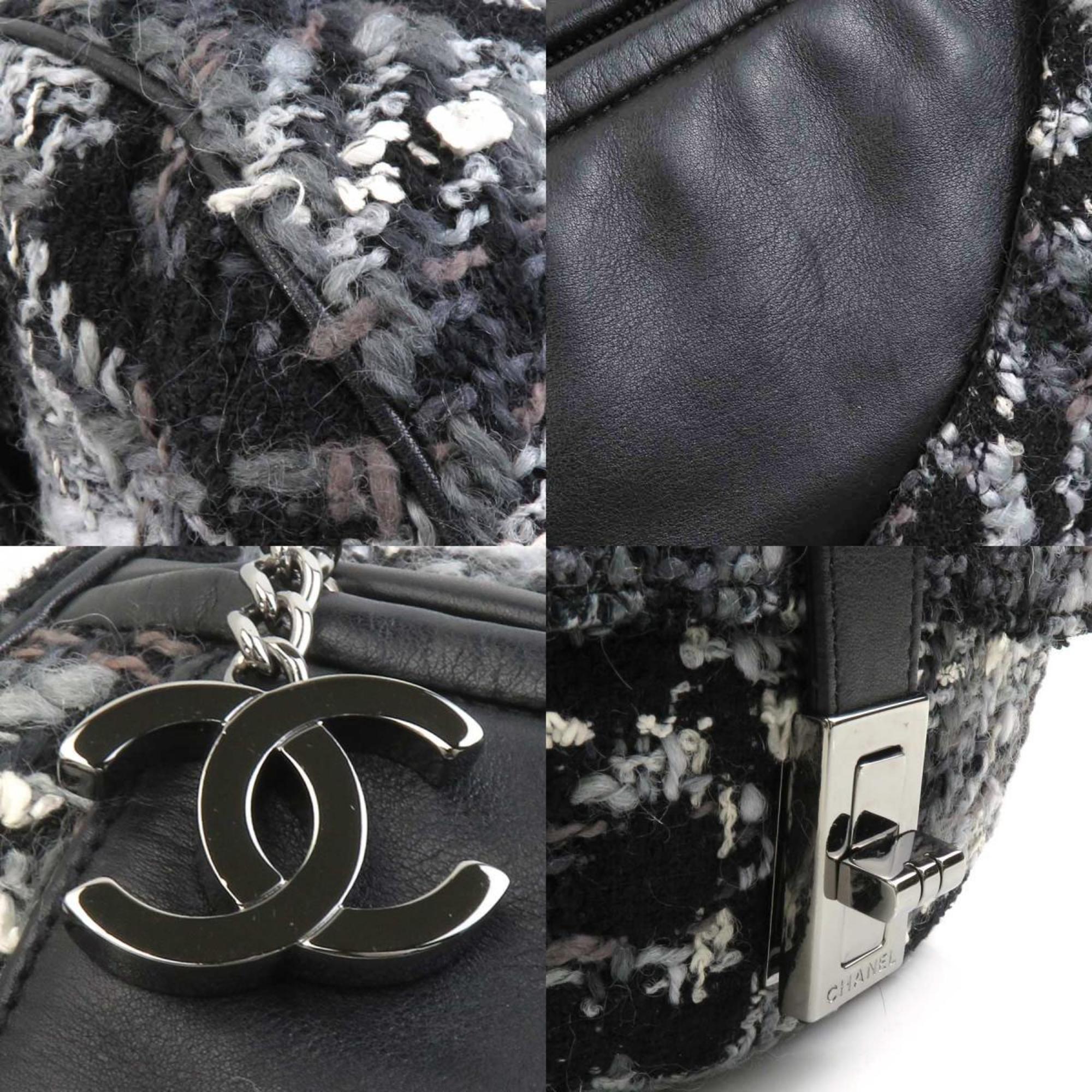 CHANEL shoulder bag camellia tweed grey black white ladies e59496g