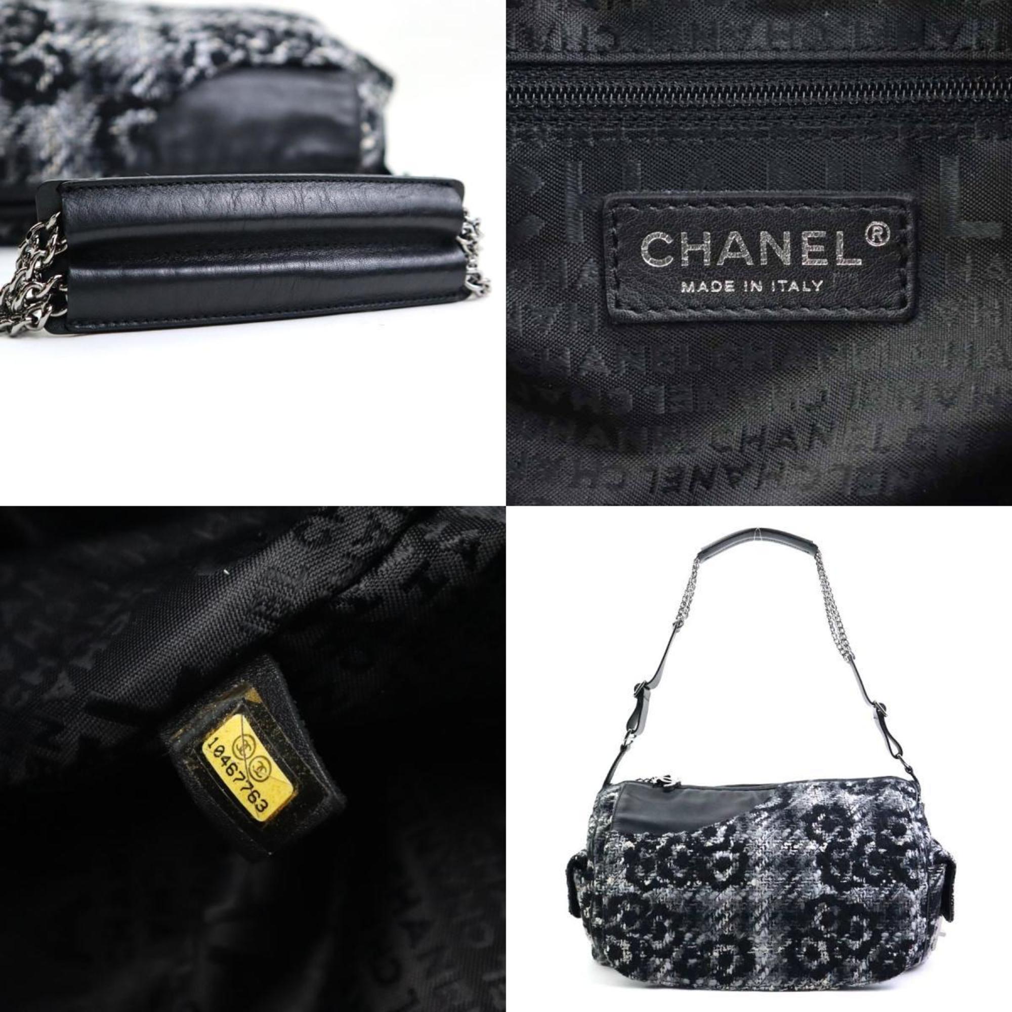 CHANEL shoulder bag camellia tweed grey black white ladies e59496g