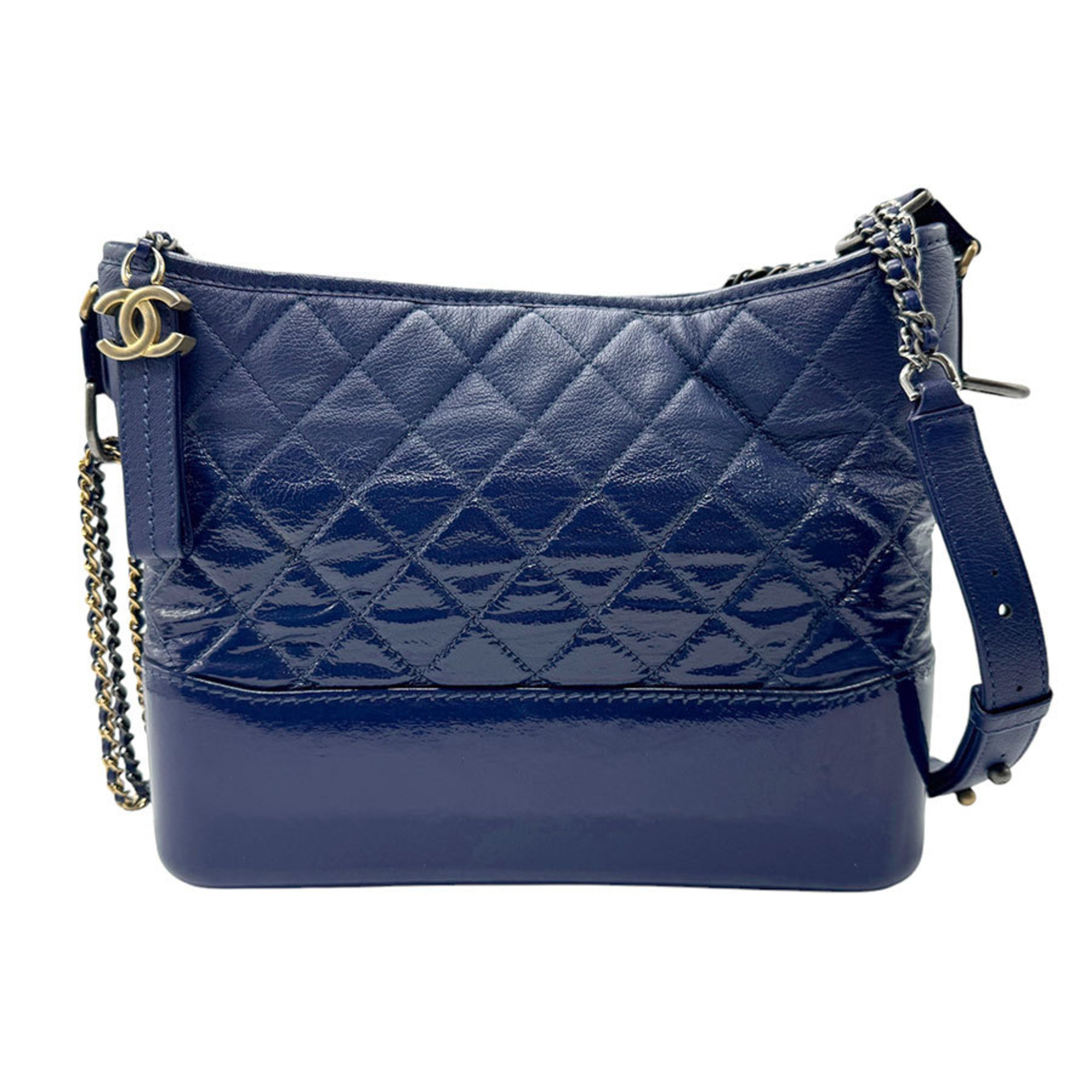 CHANEL Shoulder Bag Gabrielle de Chanel Leather Enamel Dark Blue Silver Gold Women's n0693