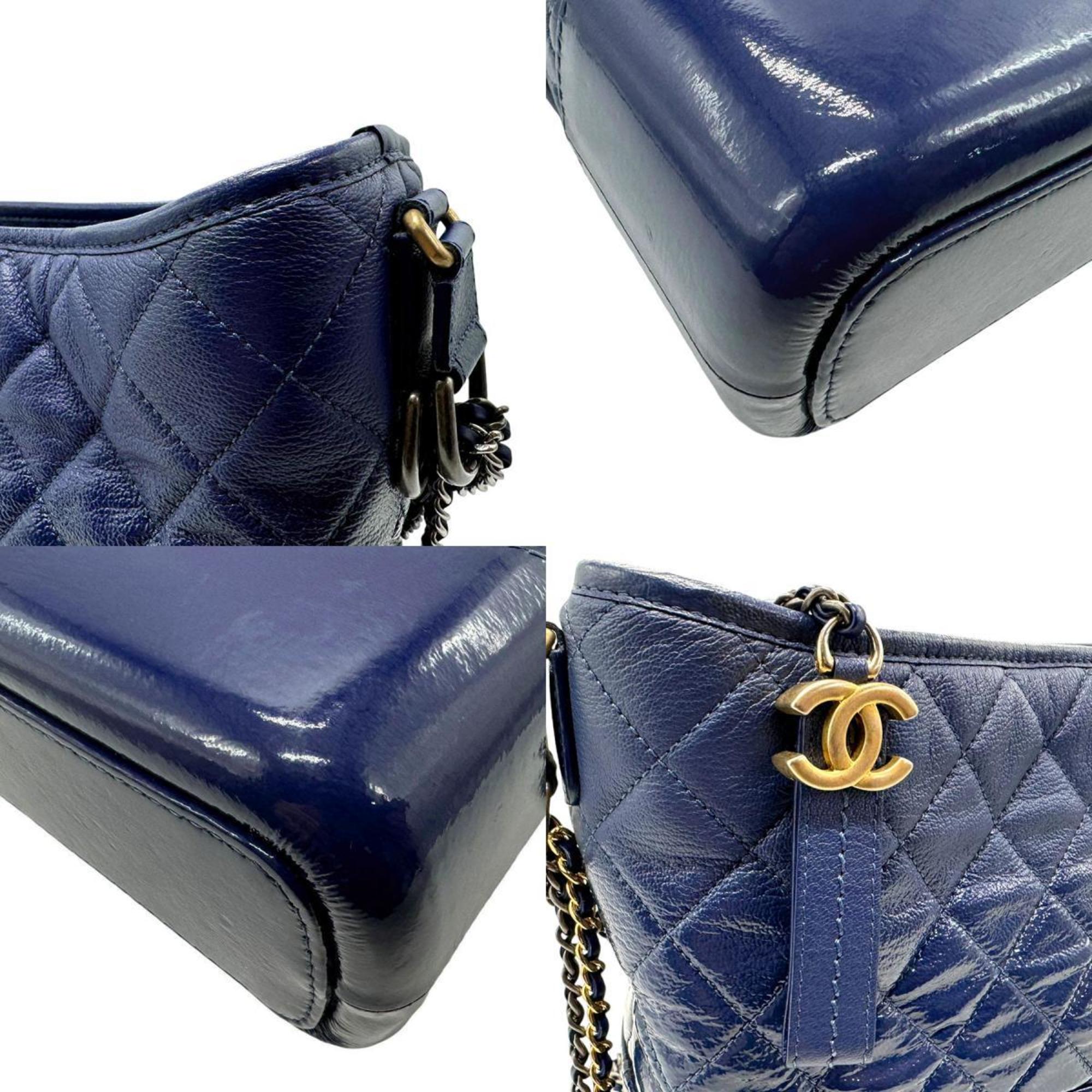 CHANEL Shoulder Bag Gabrielle de Chanel Leather Enamel Dark Blue Silver Gold Women's n0693