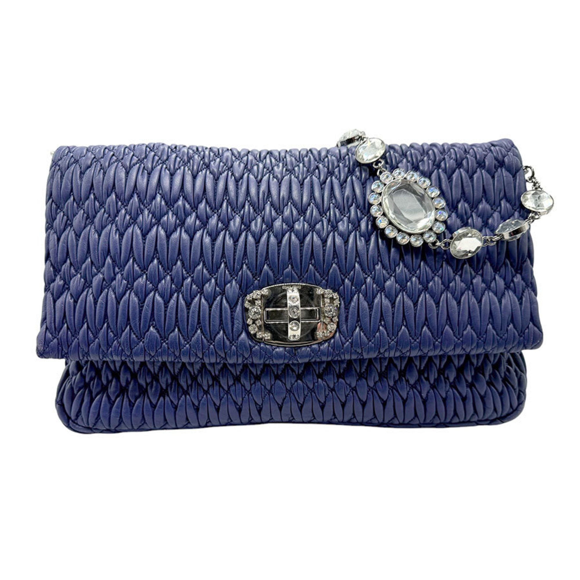 Miu Miu Miu shoulder bag, matelasse, bejeweled, leather, metal, navy blue, silver, women's z2666