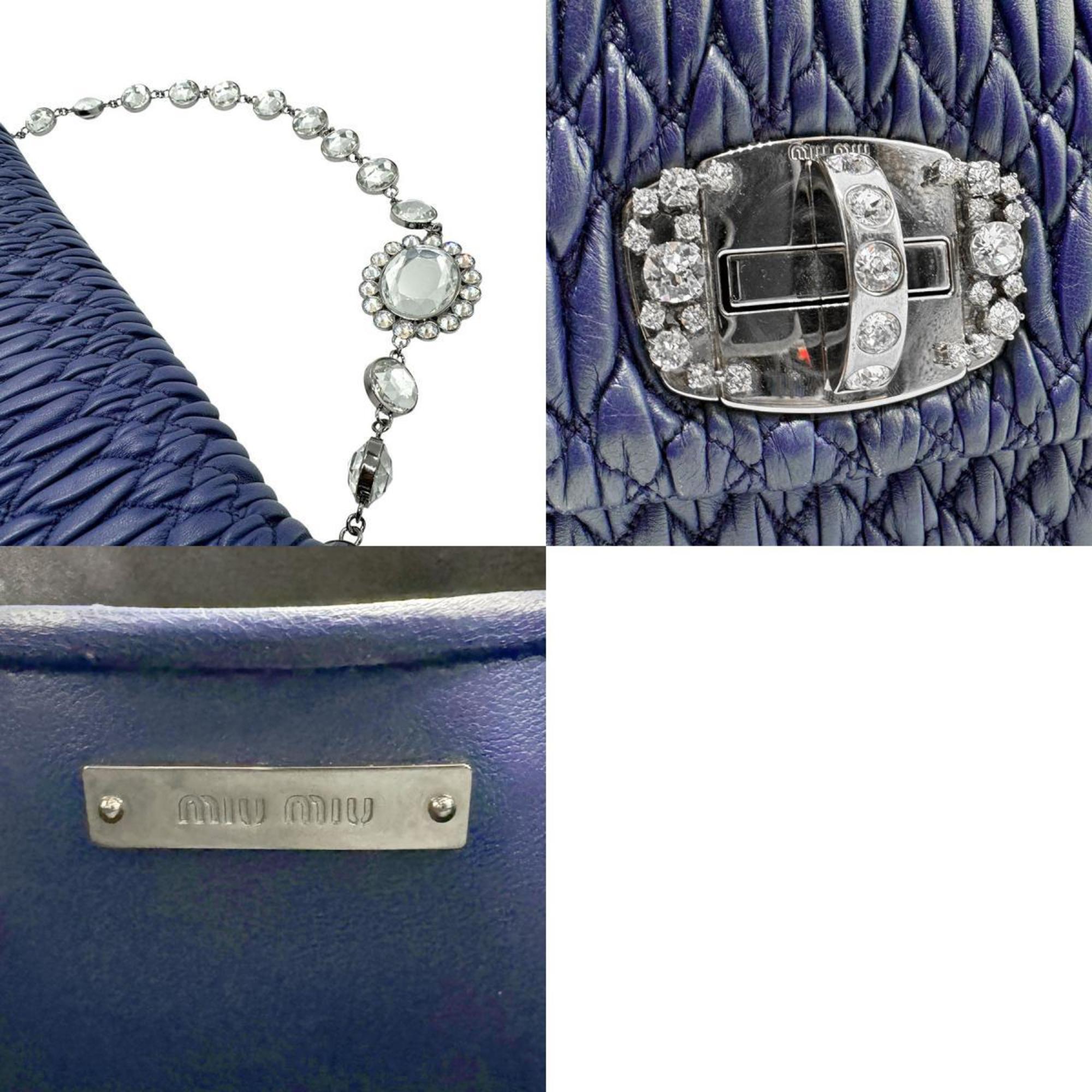 Miu Miu Miu shoulder bag, matelasse, bejeweled, leather, metal, navy blue, silver, women's z2666