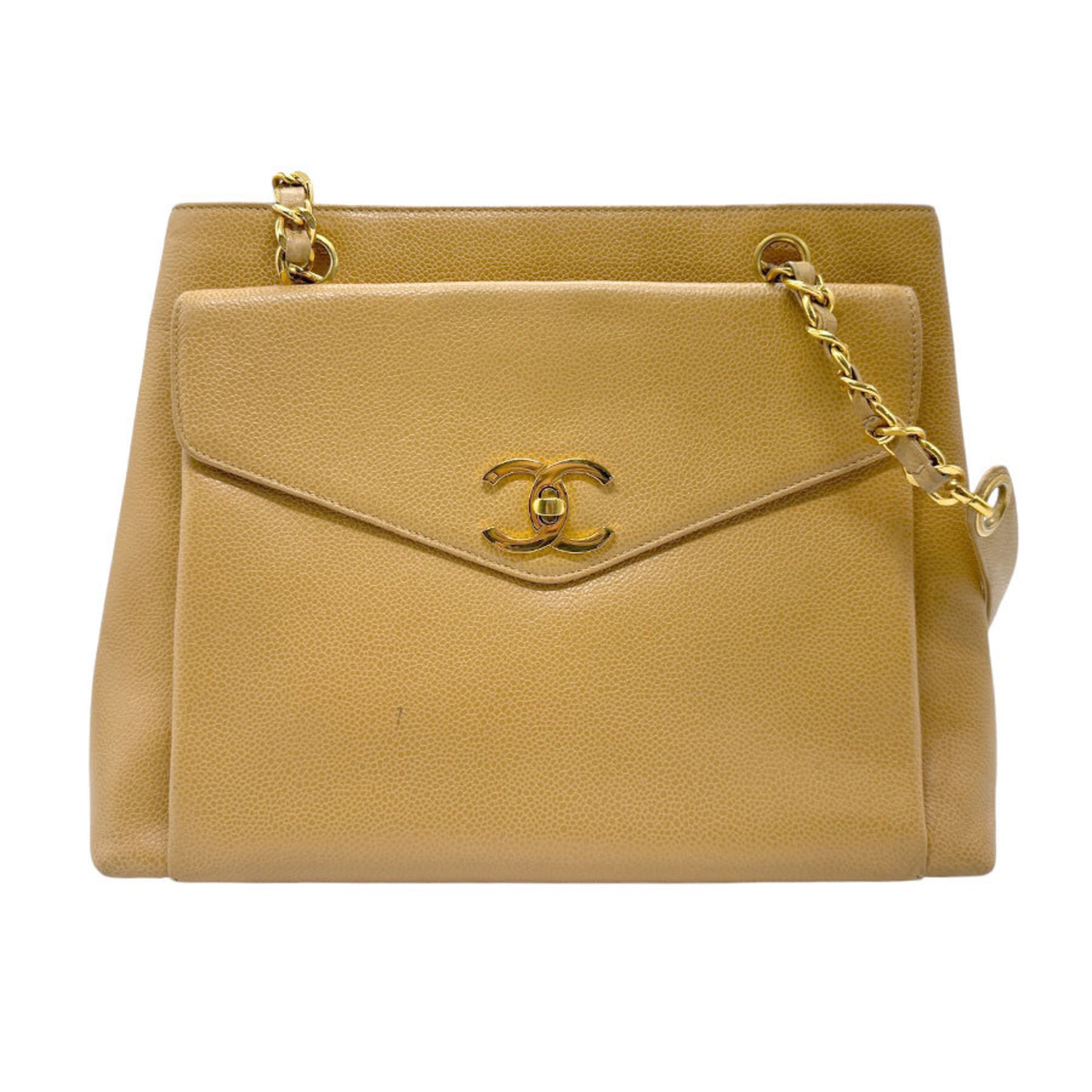 CHANEL Shoulder Bag Caviar Skin Leather Beige Gold Women's n0700