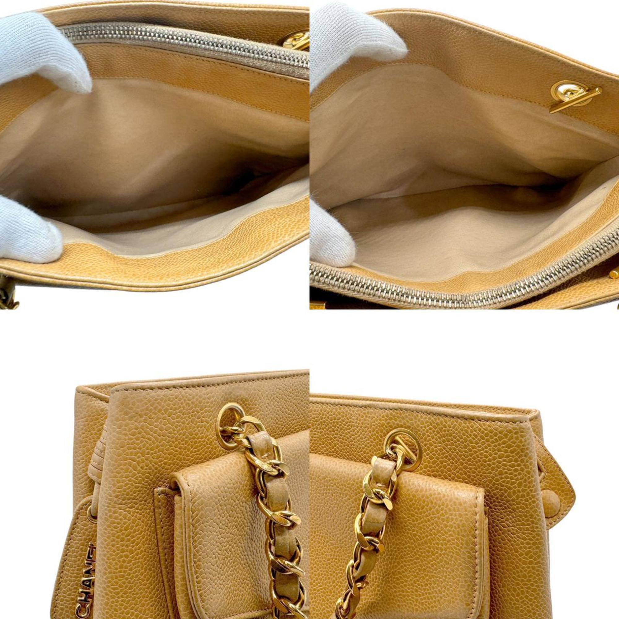 CHANEL Shoulder Bag Caviar Skin Leather Beige Gold Women's n0700