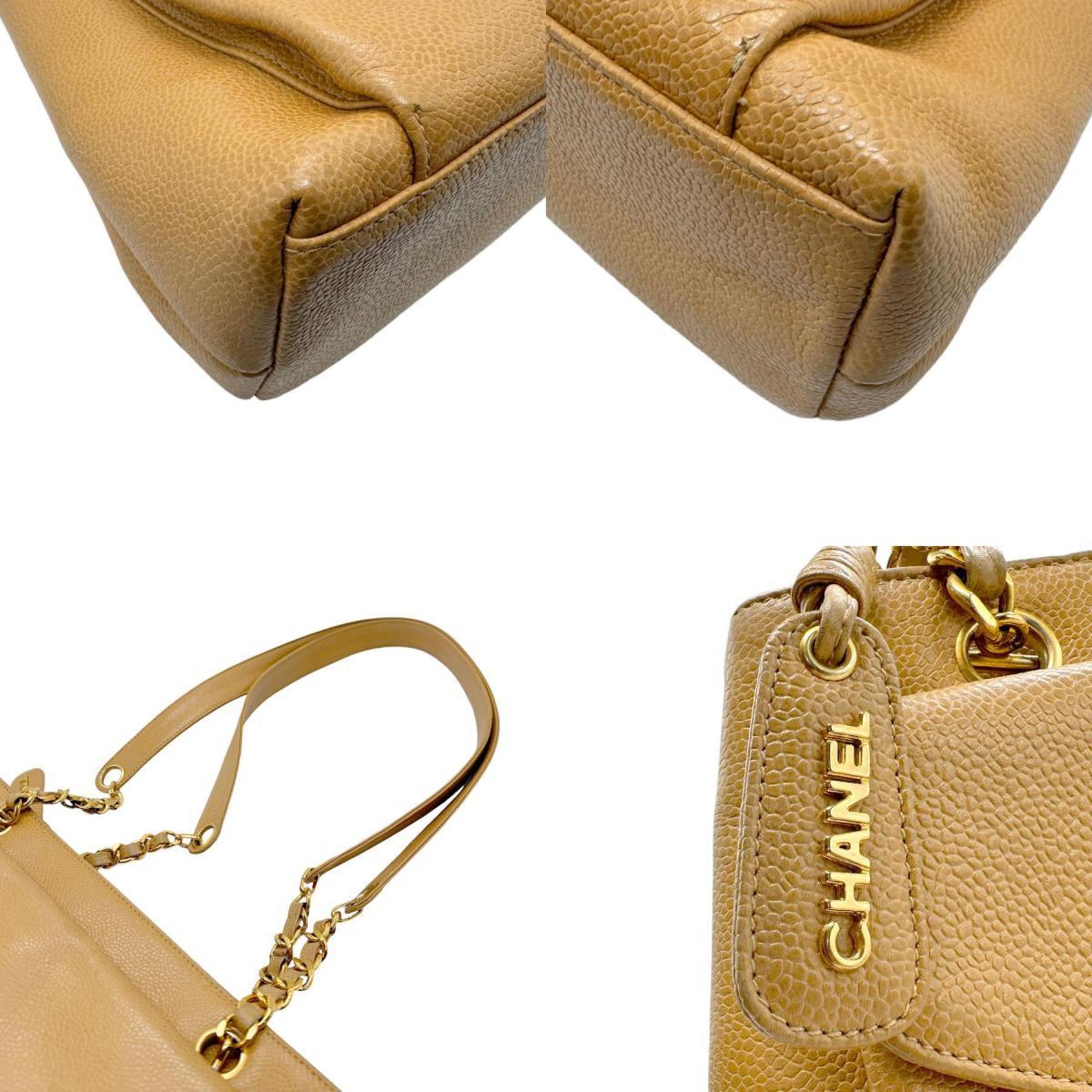 CHANEL Shoulder Bag Caviar Skin Leather Beige Gold Women's n0700