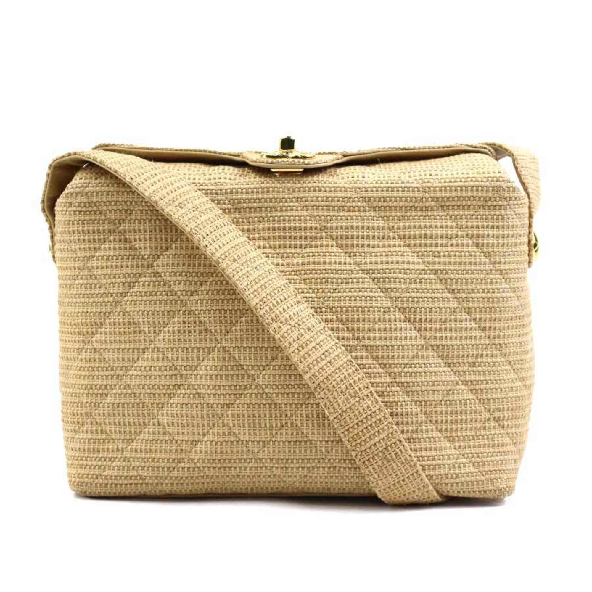 CHANEL Shoulder Bag Raffia Beige Gold Women's e59497g