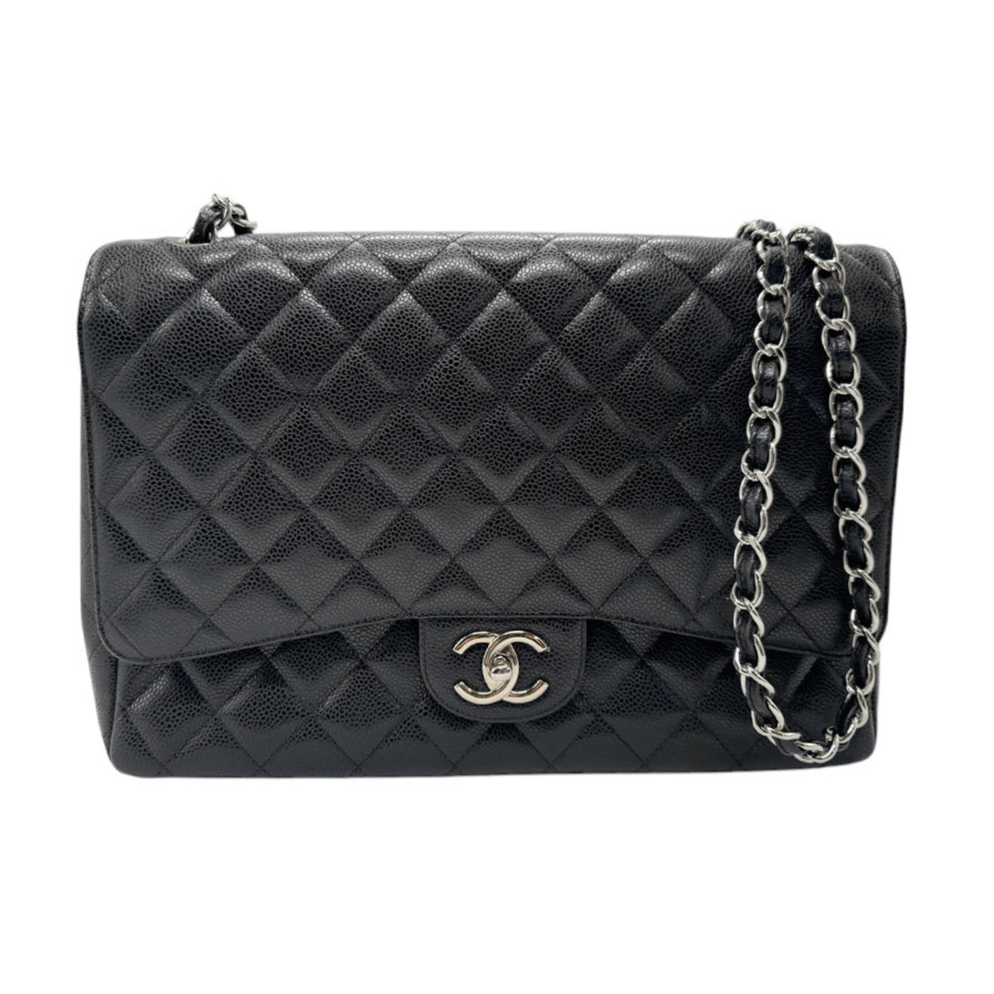 CHANEL Shoulder Bag Matelasse Double Flap Caviar Skin Leather Black Silver Women's n0668