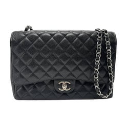 CHANEL Shoulder Bag Matelasse Double Flap Caviar Skin Leather Black Silver Women's n0668