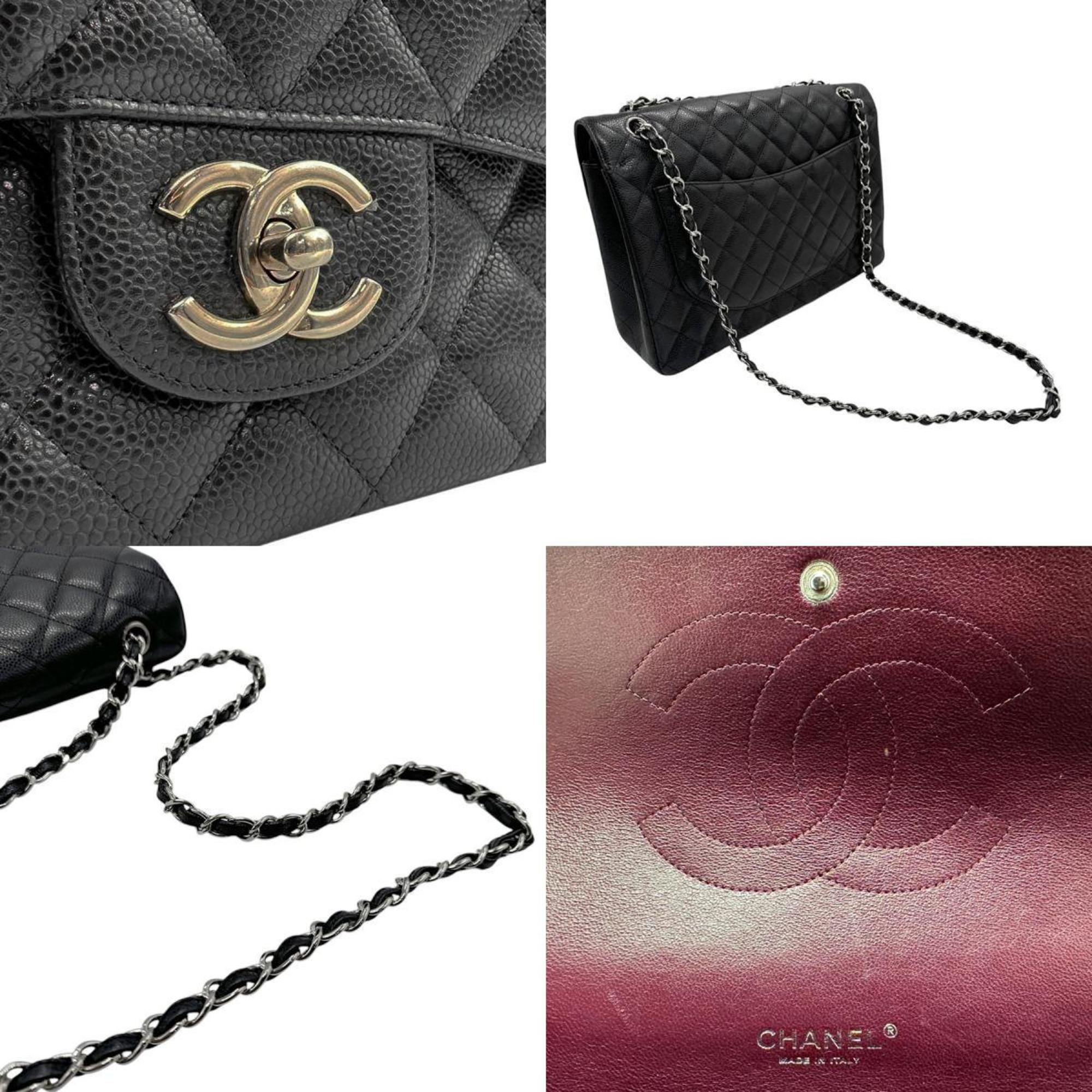 CHANEL Shoulder Bag Matelasse Double Flap Caviar Skin Leather Black Silver Women's n0668