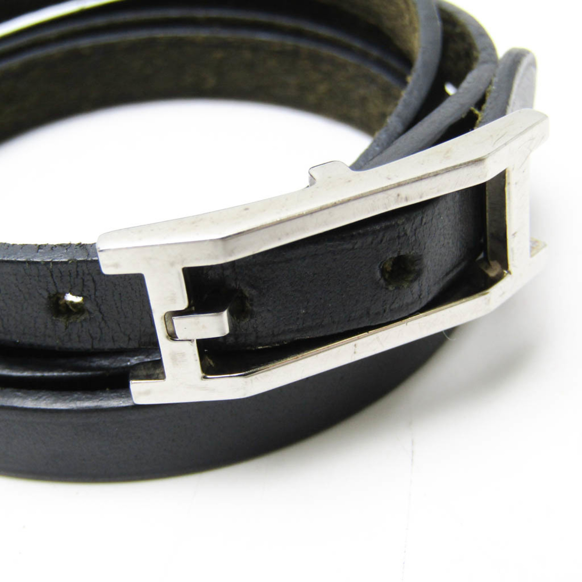 Hermes Hapi 4-row Bracelet Choker Leather,Metal No Stone Bangle Black,Silver