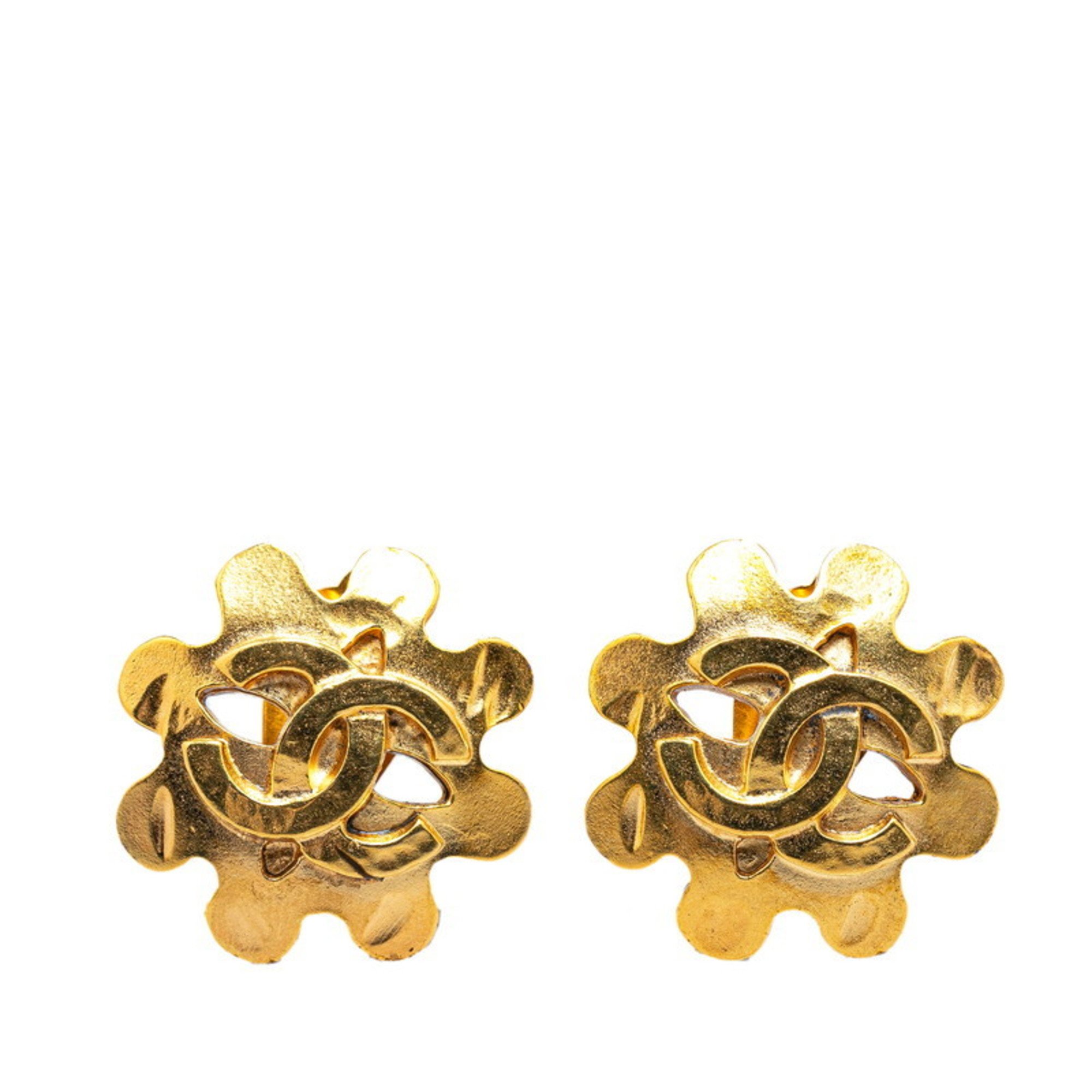 Chanel Coco Mark Flower Motif Earrings Gold Plated Women's CHANEL