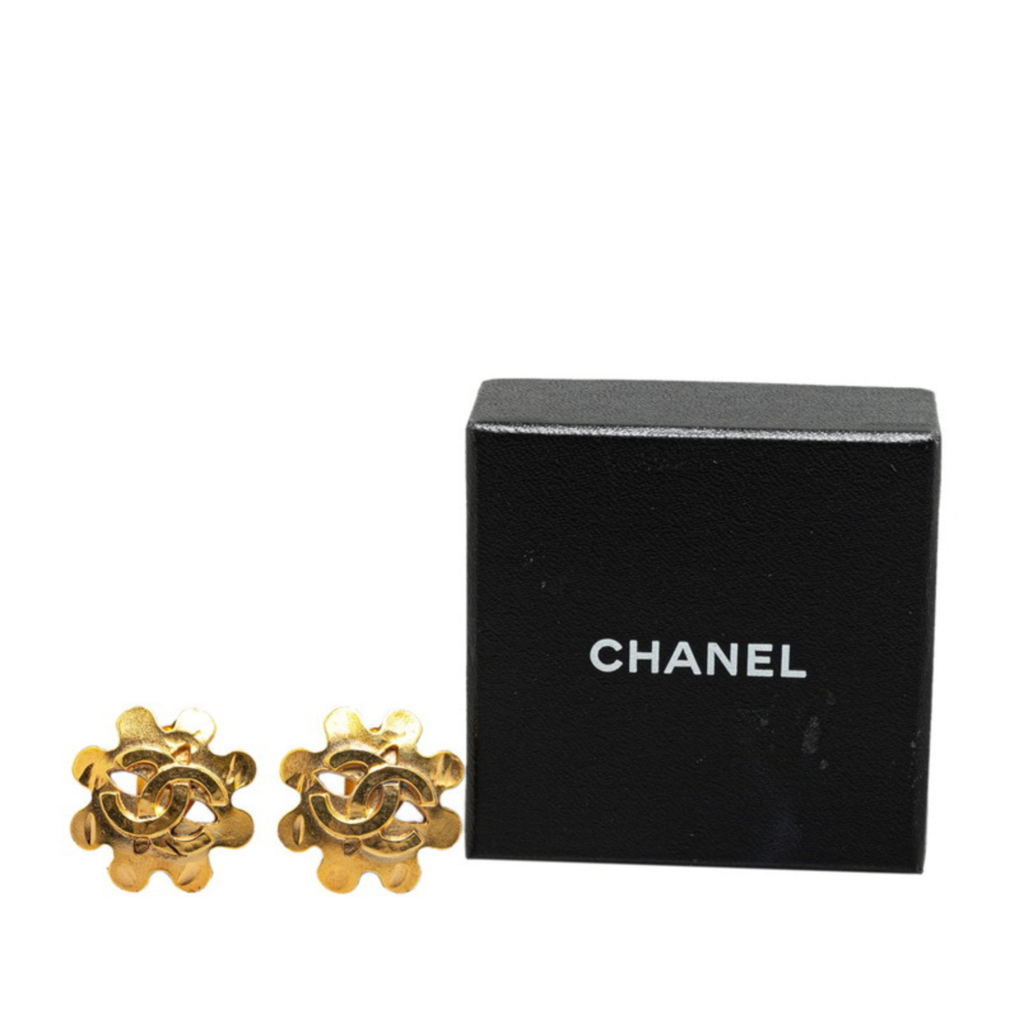 Chanel Coco Mark Flower Motif Earrings Gold Plated Women's CHANEL