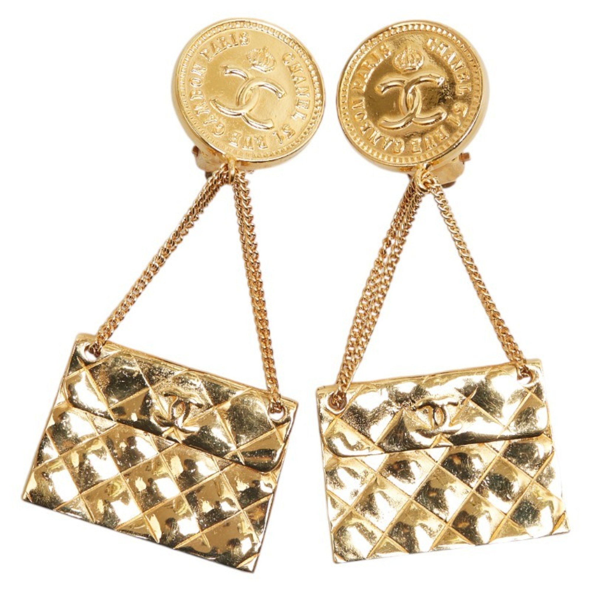 Chanel Matelasse Coco Mark Coin & Bag Motif Swing Earrings Gold Plated Women's CHANEL